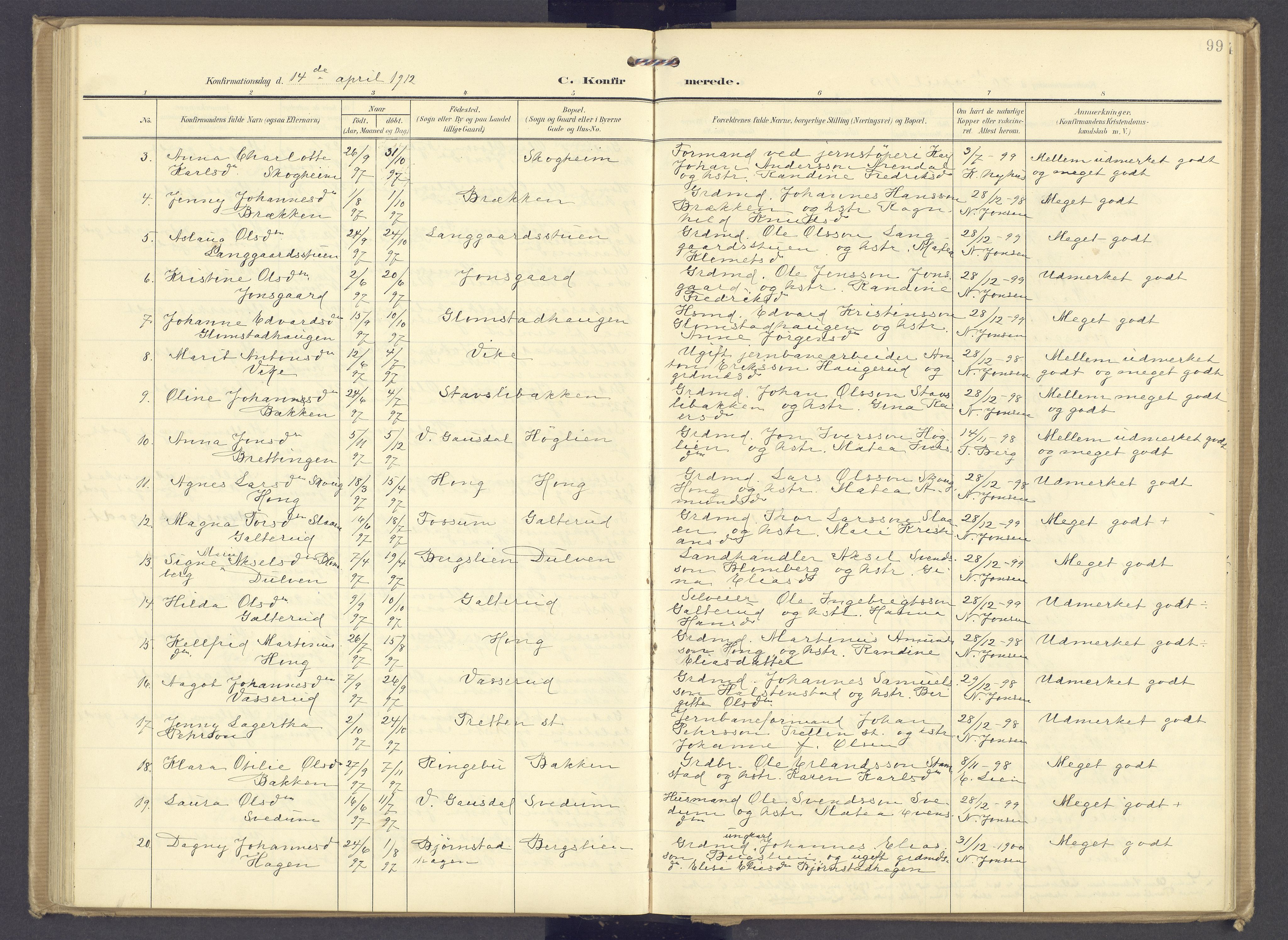 Øyer prestekontor, AV/SAH-PREST-084/H/Ha/Haa/L0013: Parish register (official) no. 13, 1905-1920, p. 99