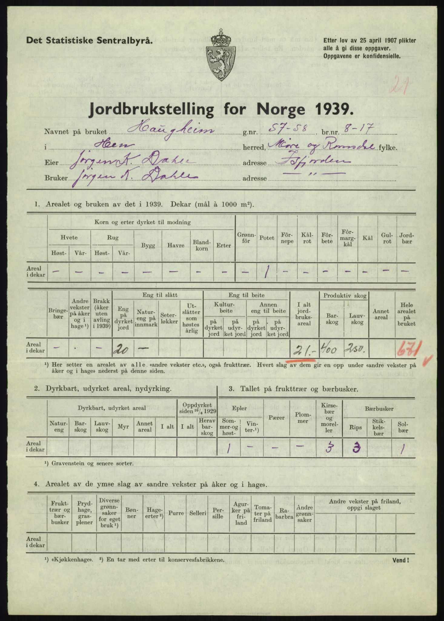 Statistisk sentralbyrå, Næringsøkonomiske emner, Jordbruk, skogbruk, jakt, fiske og fangst, AV/RA-S-2234/G/Gb/L0251: Møre og Romsdal: Voll, Eid, Grytten og Hen, 1939, p. 1203