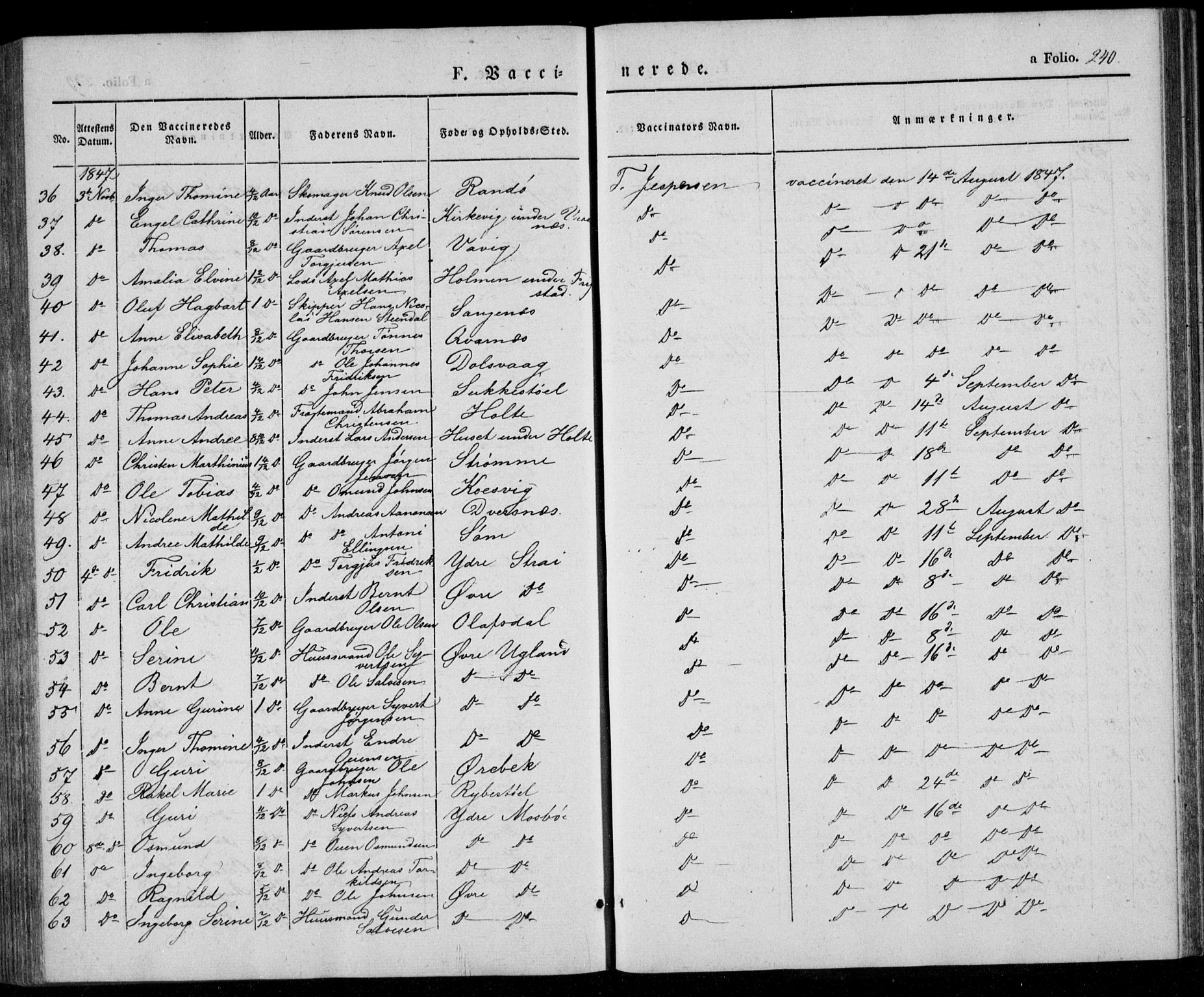 Oddernes sokneprestkontor, SAK/1111-0033/F/Fa/Faa/L0006: Parish register (official) no. A 6, 1838-1851, p. 240