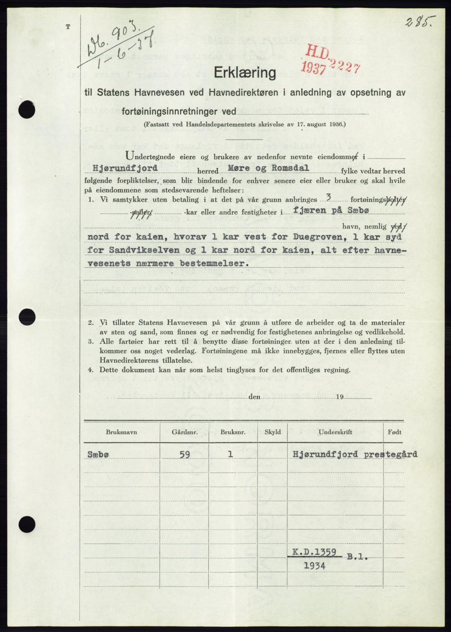 Søre Sunnmøre sorenskriveri, AV/SAT-A-4122/1/2/2C/L0063: Mortgage book no. 57, 1937-1937, Diary no: : 903/1937