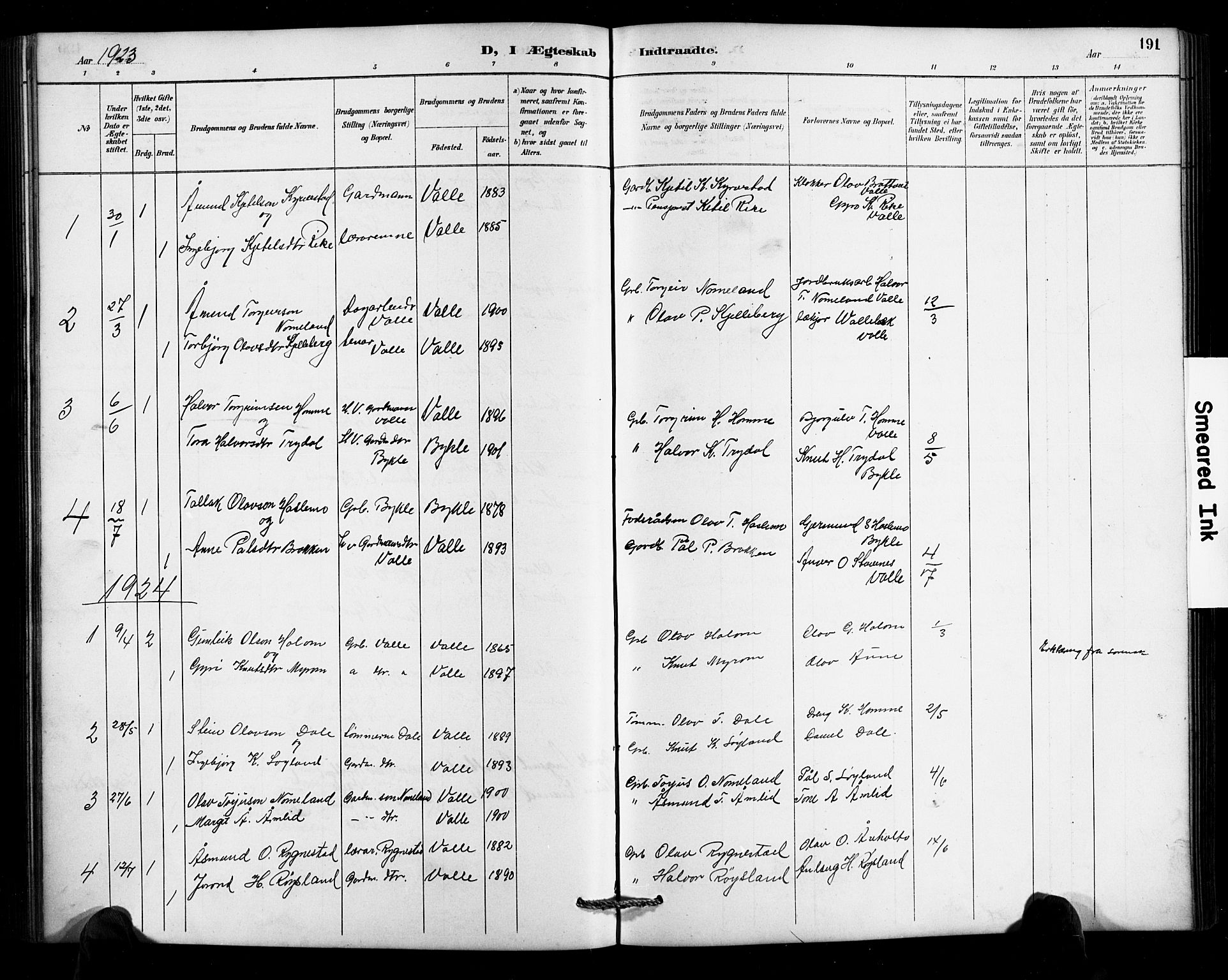 Valle sokneprestkontor, SAK/1111-0044/F/Fb/Fbc/L0004: Parish register (copy) no. B 4, 1890-1928, p. 191