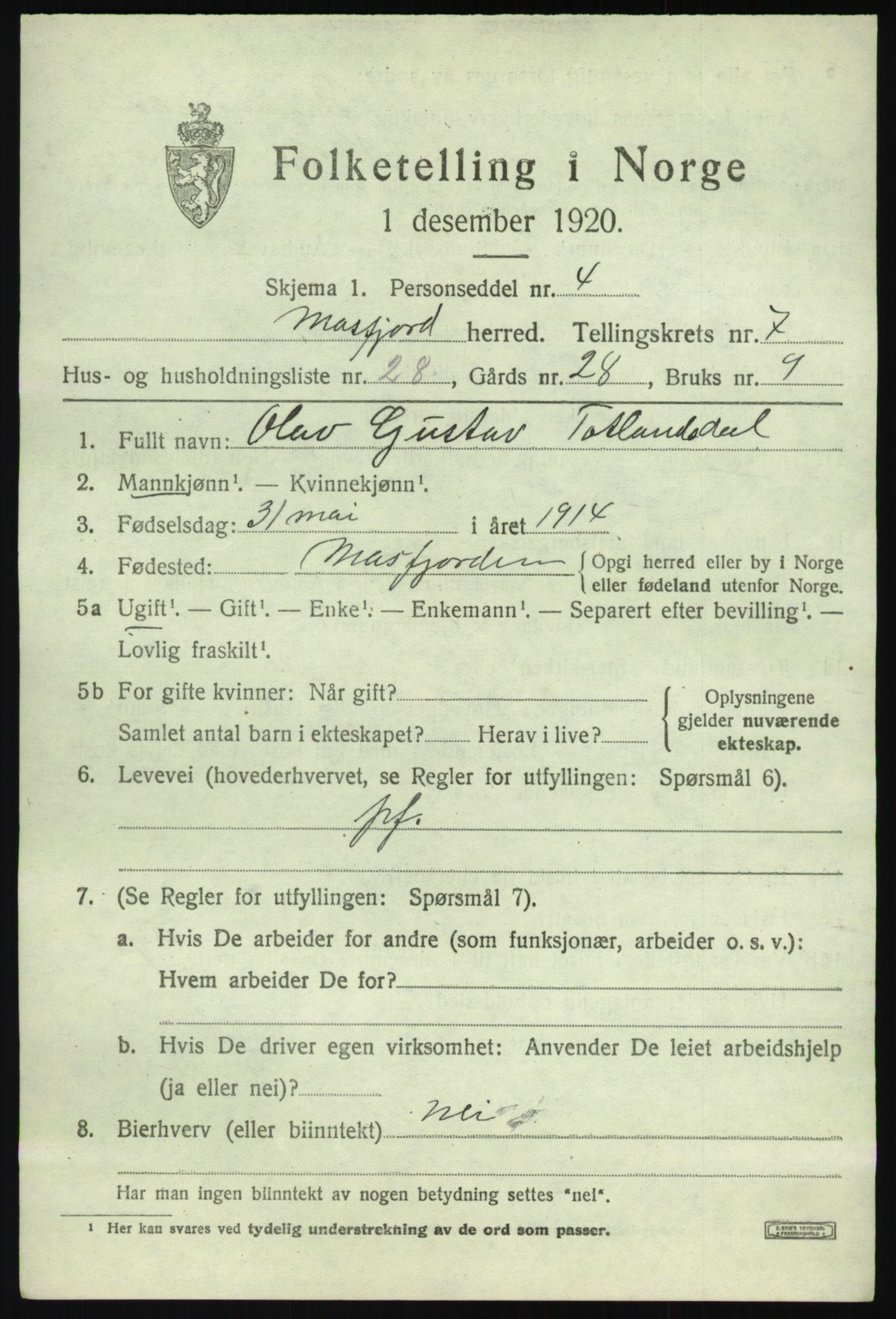 SAB, 1920 census for Masfjorden, 1920, p. 3061