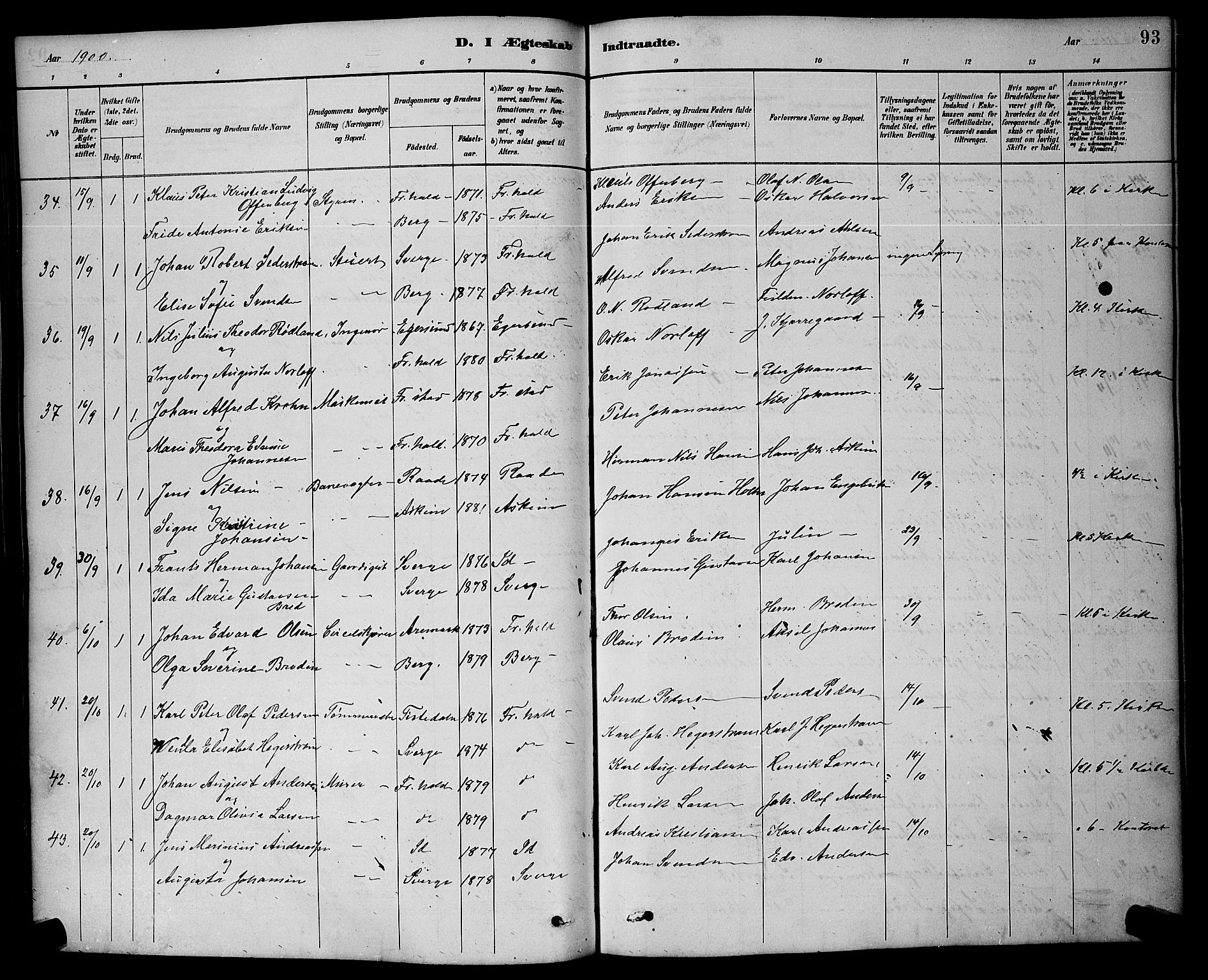 Halden prestekontor Kirkebøker, SAO/A-10909/G/Ga/L0009: Parish register (copy) no. 9, 1885-1908, p. 93