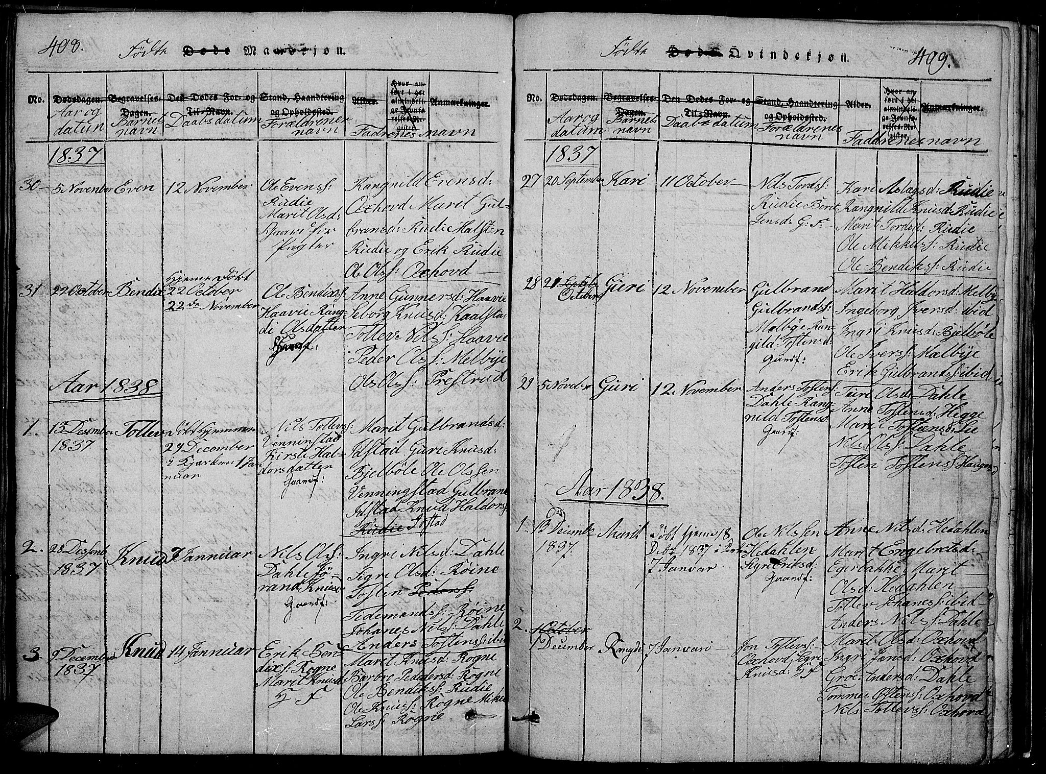 Slidre prestekontor, SAH/PREST-134/H/Ha/Hab/L0002: Parish register (copy) no. 2, 1814-1839, p. 408-409
