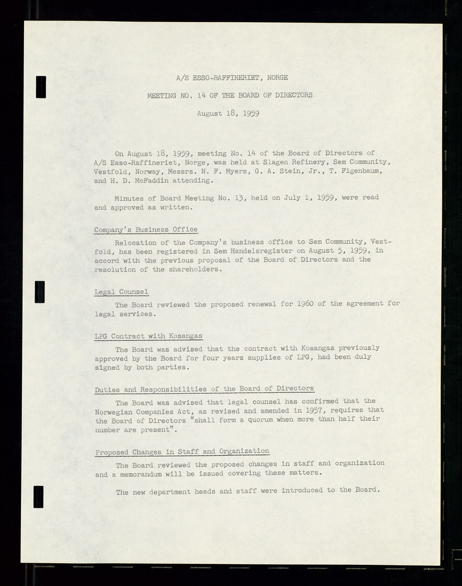 PA 1537 - A/S Essoraffineriet Norge, AV/SAST-A-101957/A/Aa/L0001/0002: Styremøter / Shareholder meetings, board meetings, by laws (vedtekter), 1957-1960, p. 143