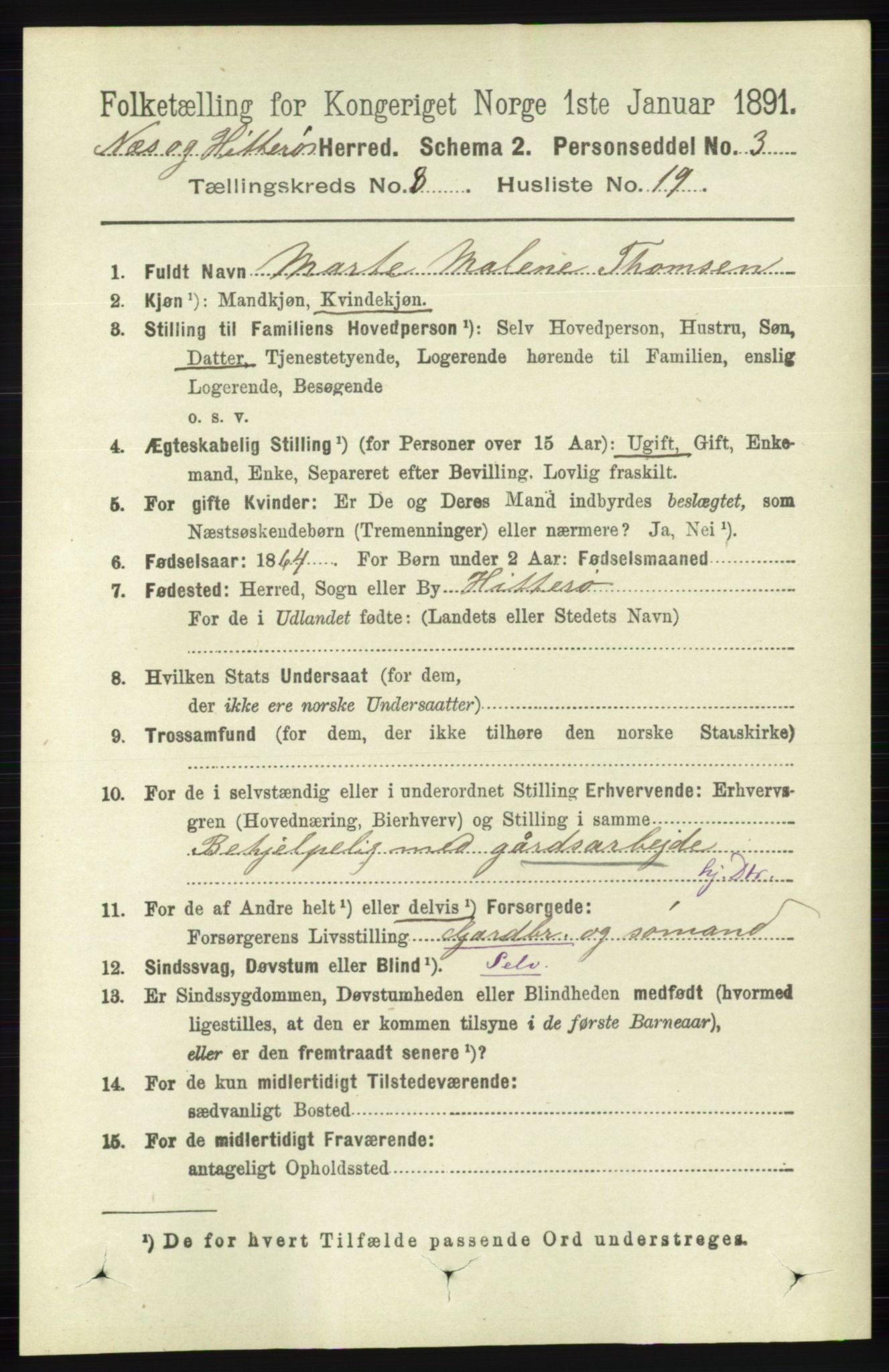 RA, 1891 census for 1043 Hidra og Nes, 1891, p. 3431