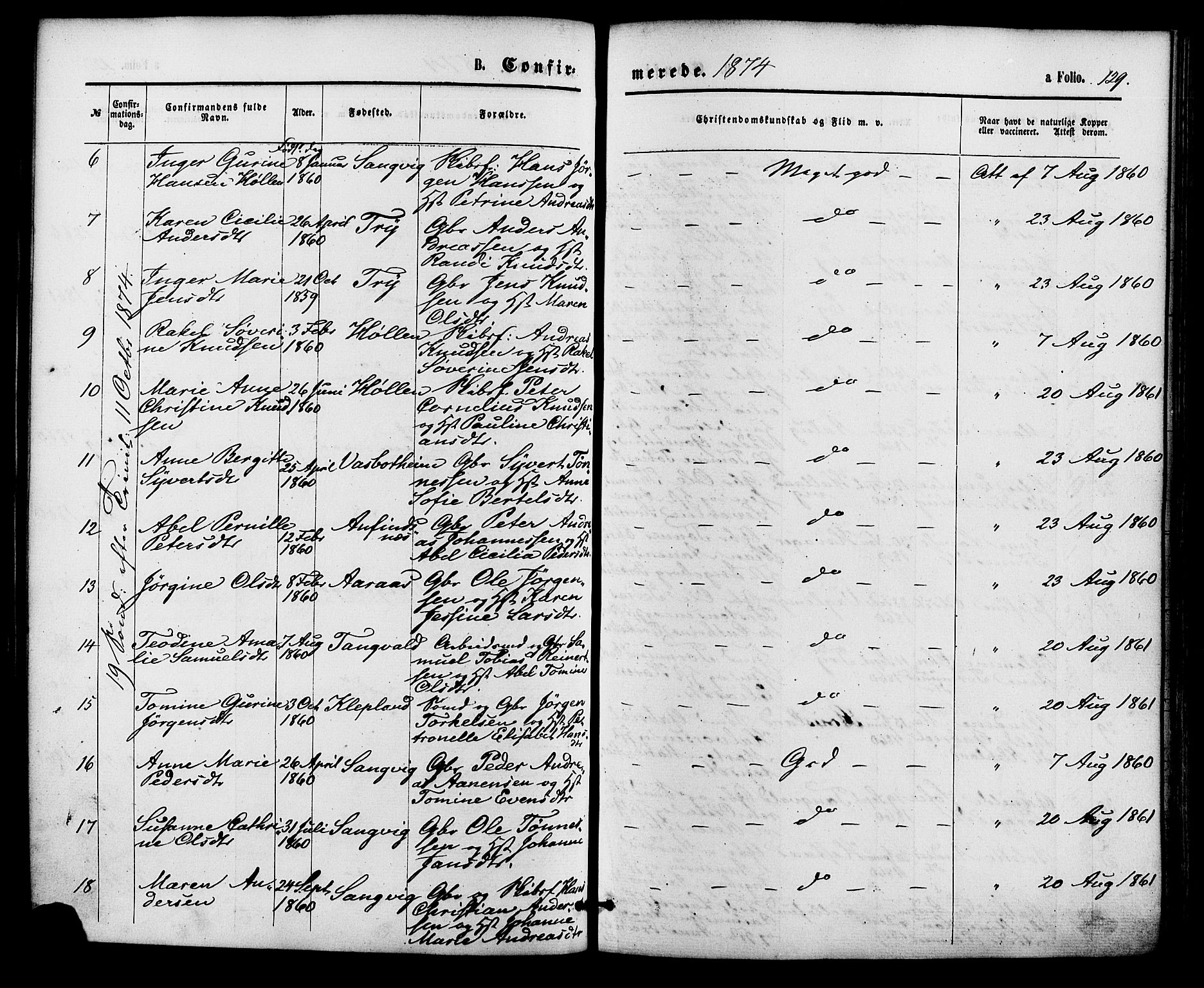 Søgne sokneprestkontor, AV/SAK-1111-0037/F/Fa/Fab/L0011: Parish register (official) no. A 11, 1869-1879, p. 129