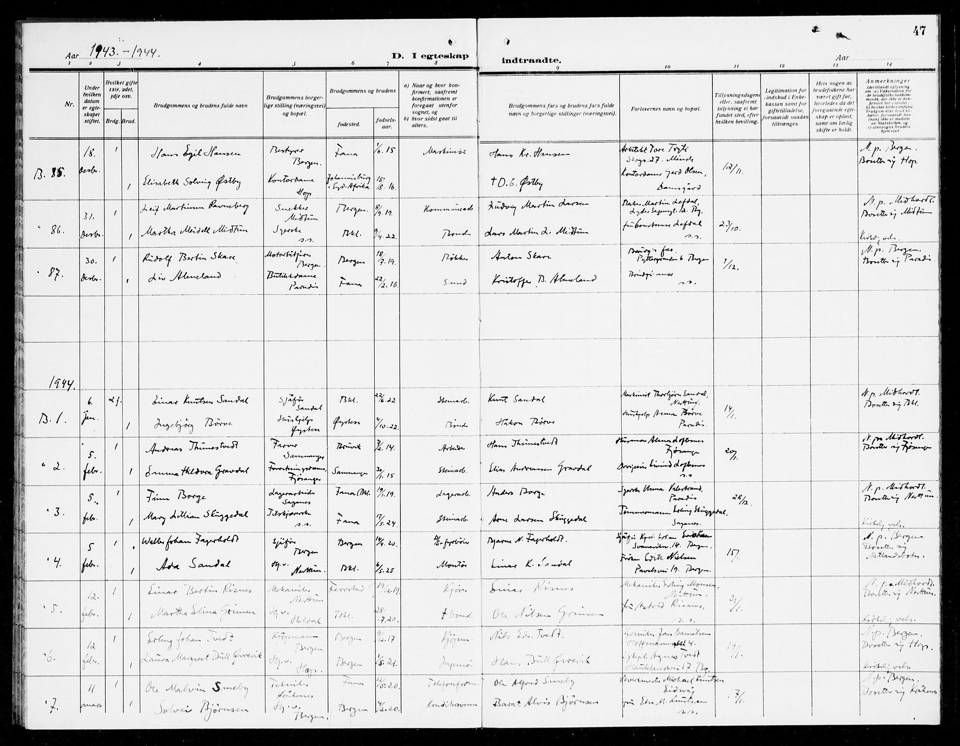 Fana Sokneprestembete, AV/SAB-A-75101/H/Haa/Haak/L0003: Parish register (official) no. K 3, 1938-1944, p. 47