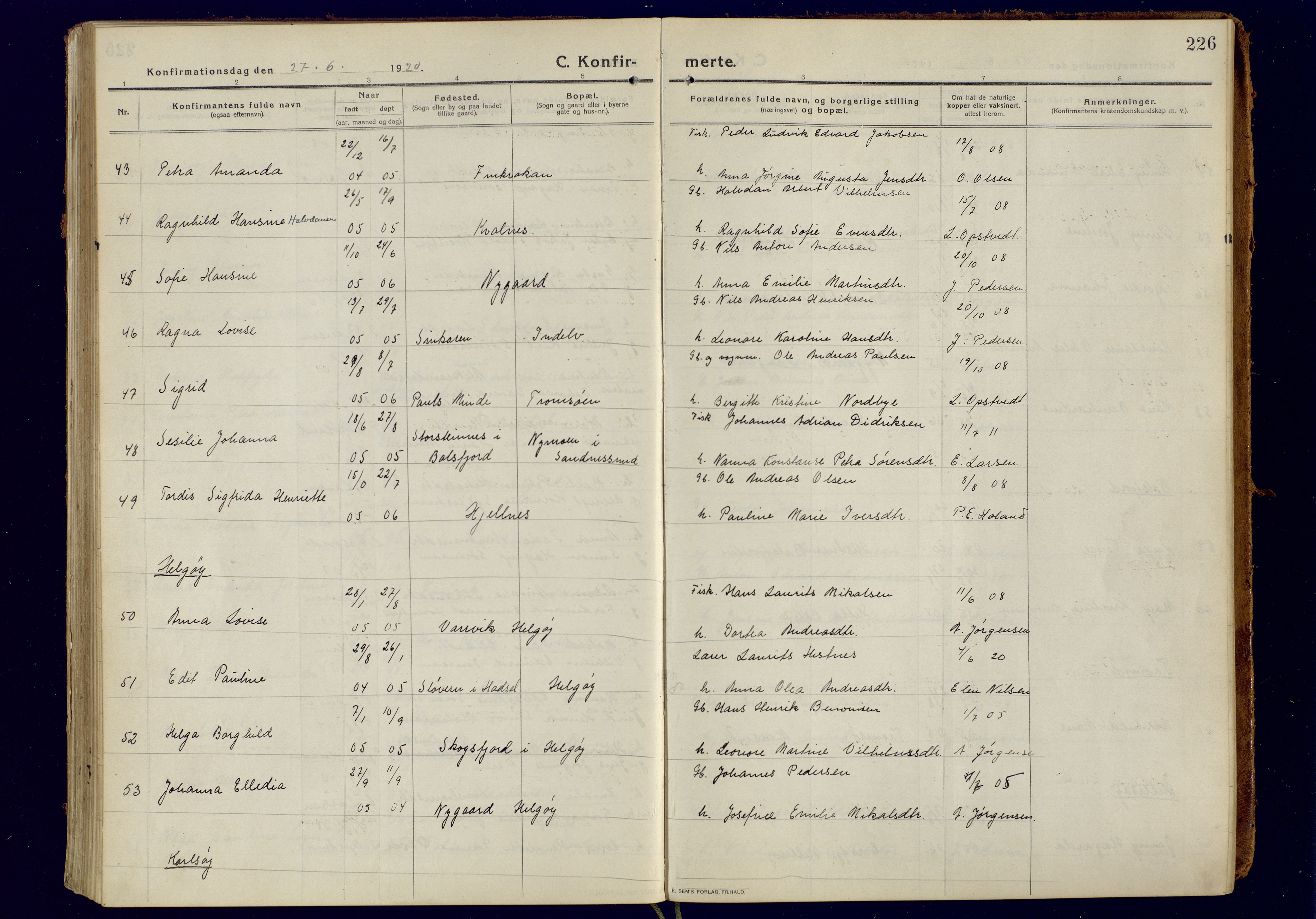 Tromsøysund sokneprestkontor, AV/SATØ-S-1304/G/Ga/L0008kirke: Parish register (official) no. 8, 1914-1922, p. 226