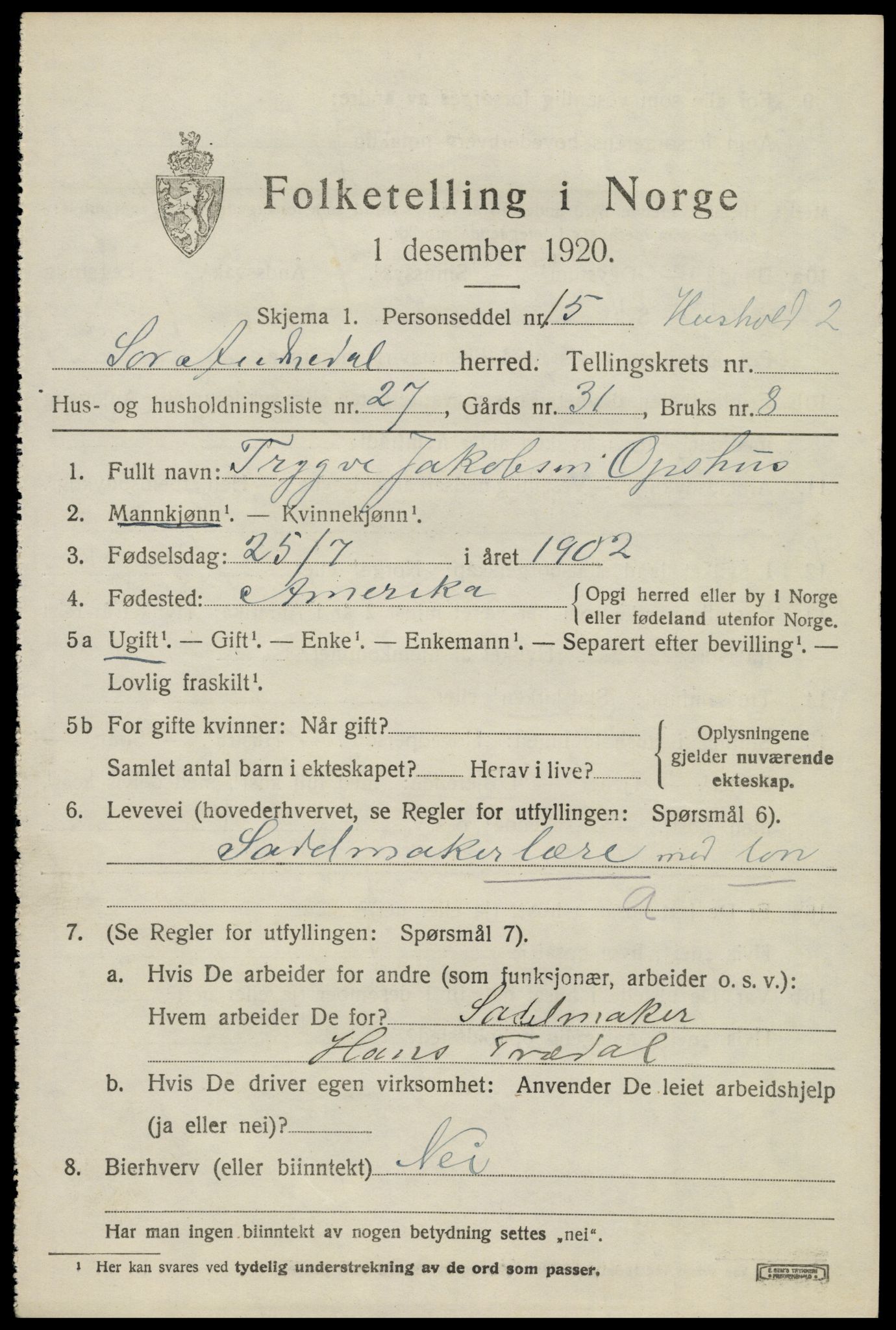 SAK, 1920 census for Sør-Audnedal, 1920, p. 3463