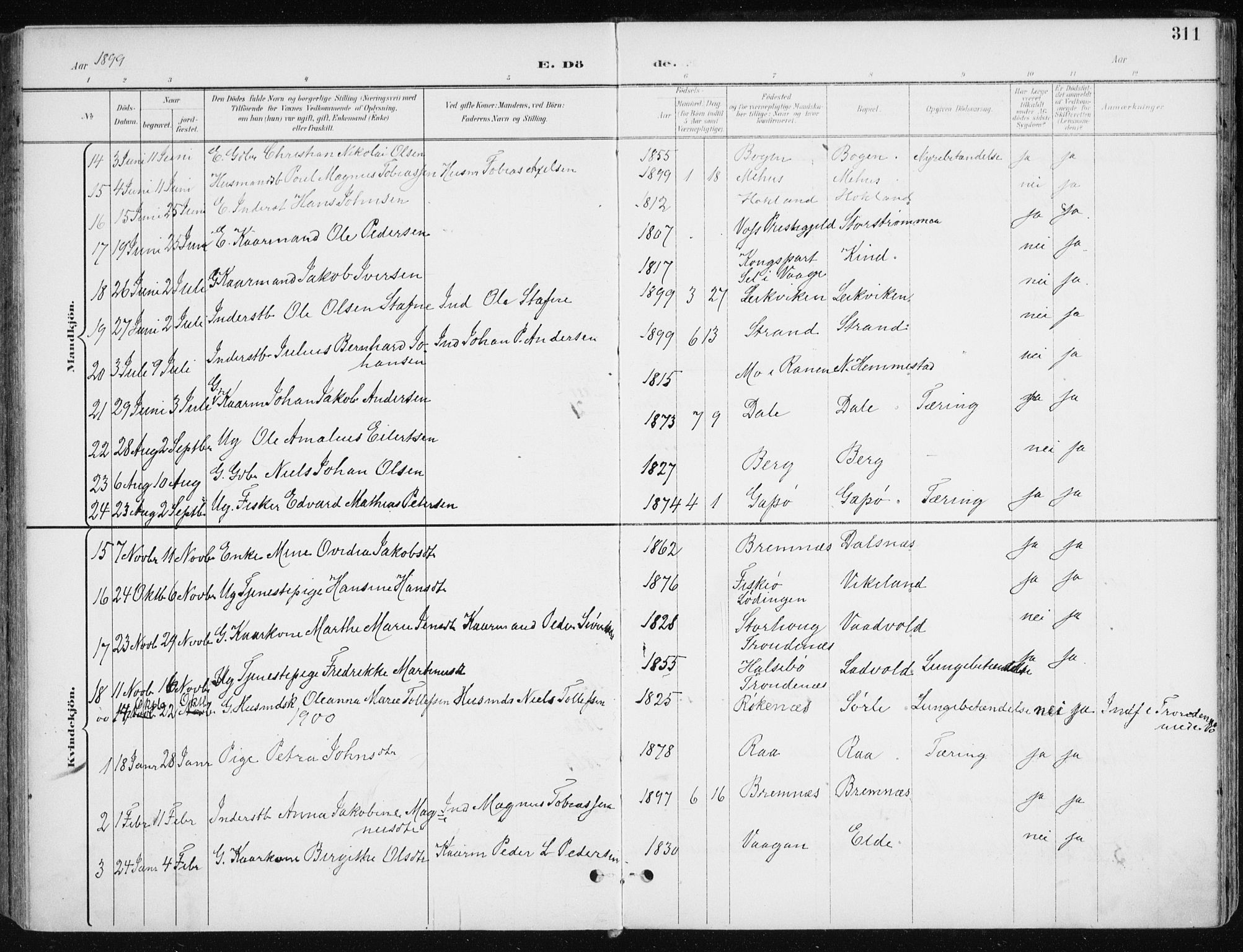 Kvæfjord sokneprestkontor, SATØ/S-1323/G/Ga/Gaa/L0006kirke: Parish register (official) no. 6, 1895-1914, p. 311
