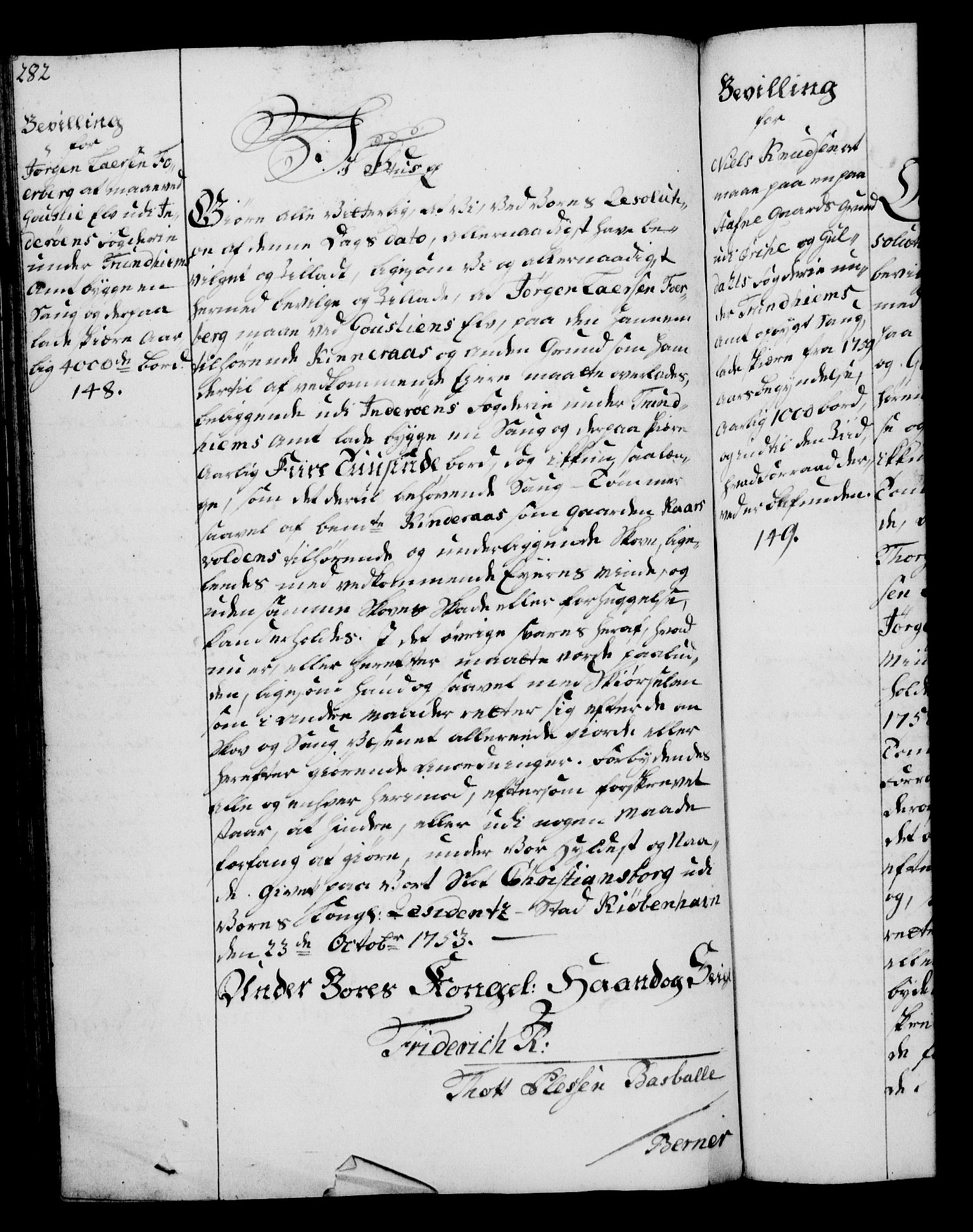 Rentekammeret, Kammerkanselliet, AV/RA-EA-3111/G/Gg/Gga/L0006: Norsk ekspedisjonsprotokoll med register (merket RK 53.6), 1749-1759, p. 282