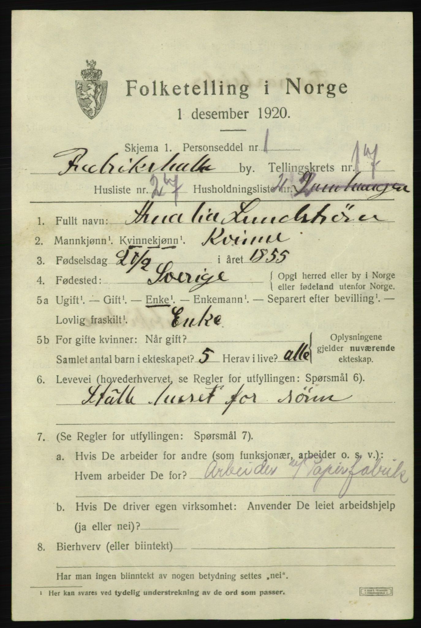 SAO, 1920 census for Fredrikshald, 1920, p. 26530