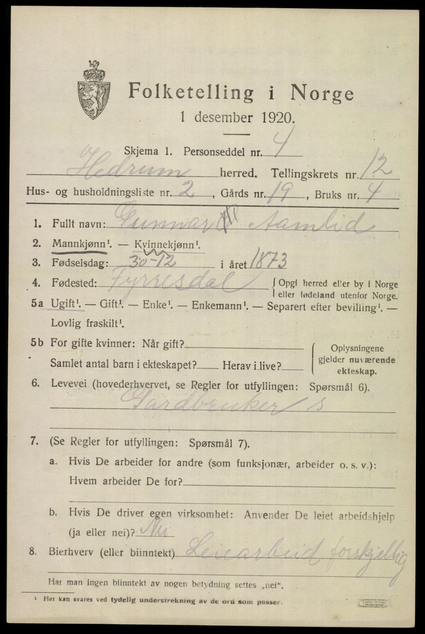 SAKO, 1920 census for Hedrum, 1920, p. 8039