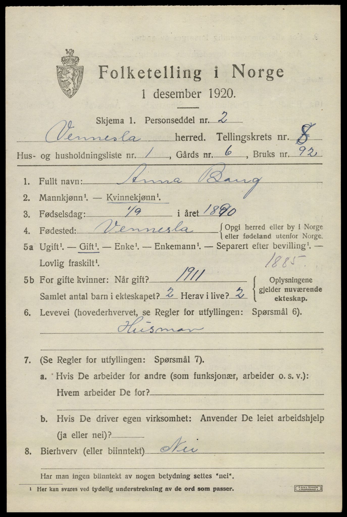 SAK, 1920 census for Vennesla, 1920, p. 5512