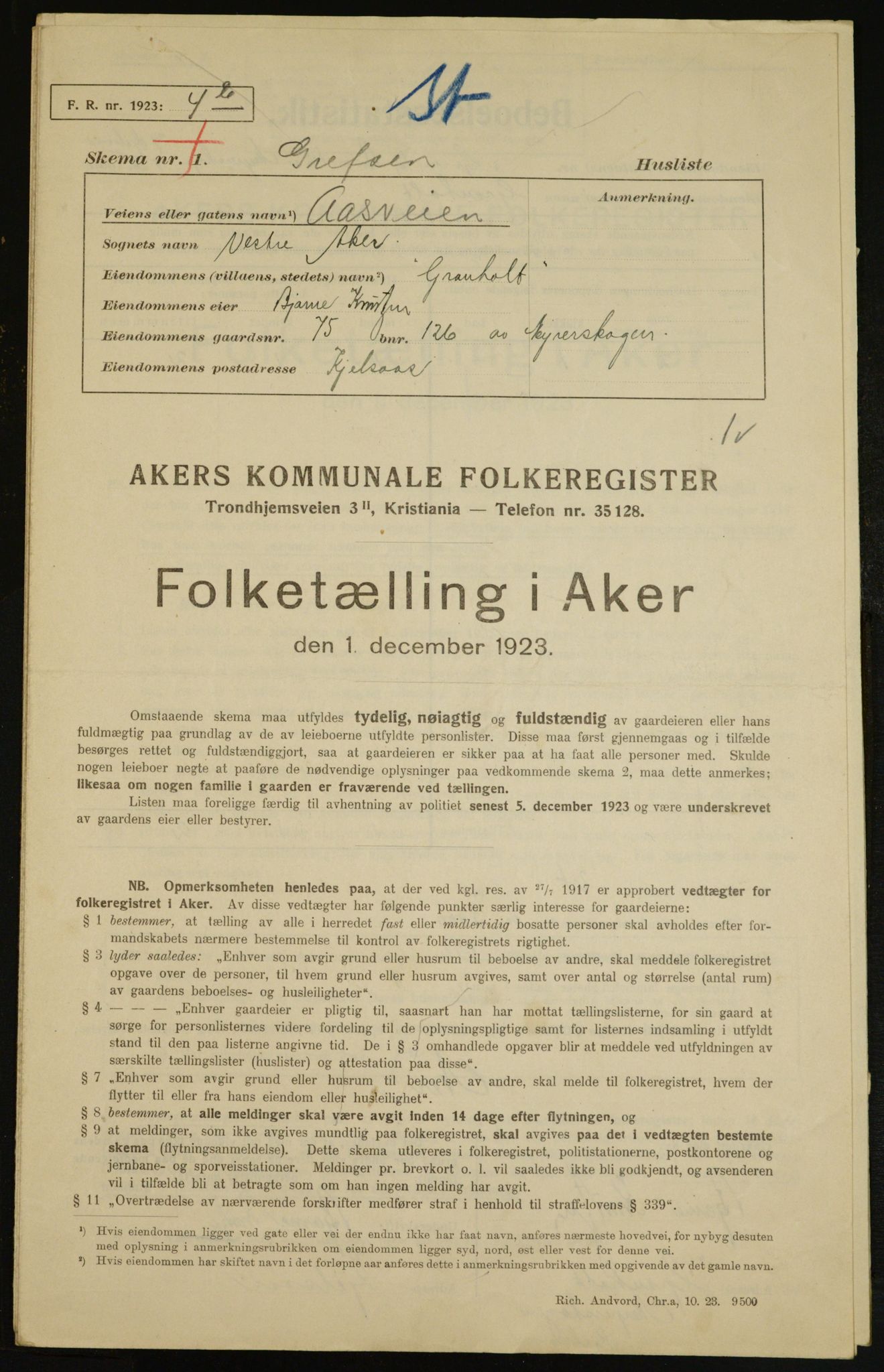 , Municipal Census 1923 for Aker, 1923, p. 7416