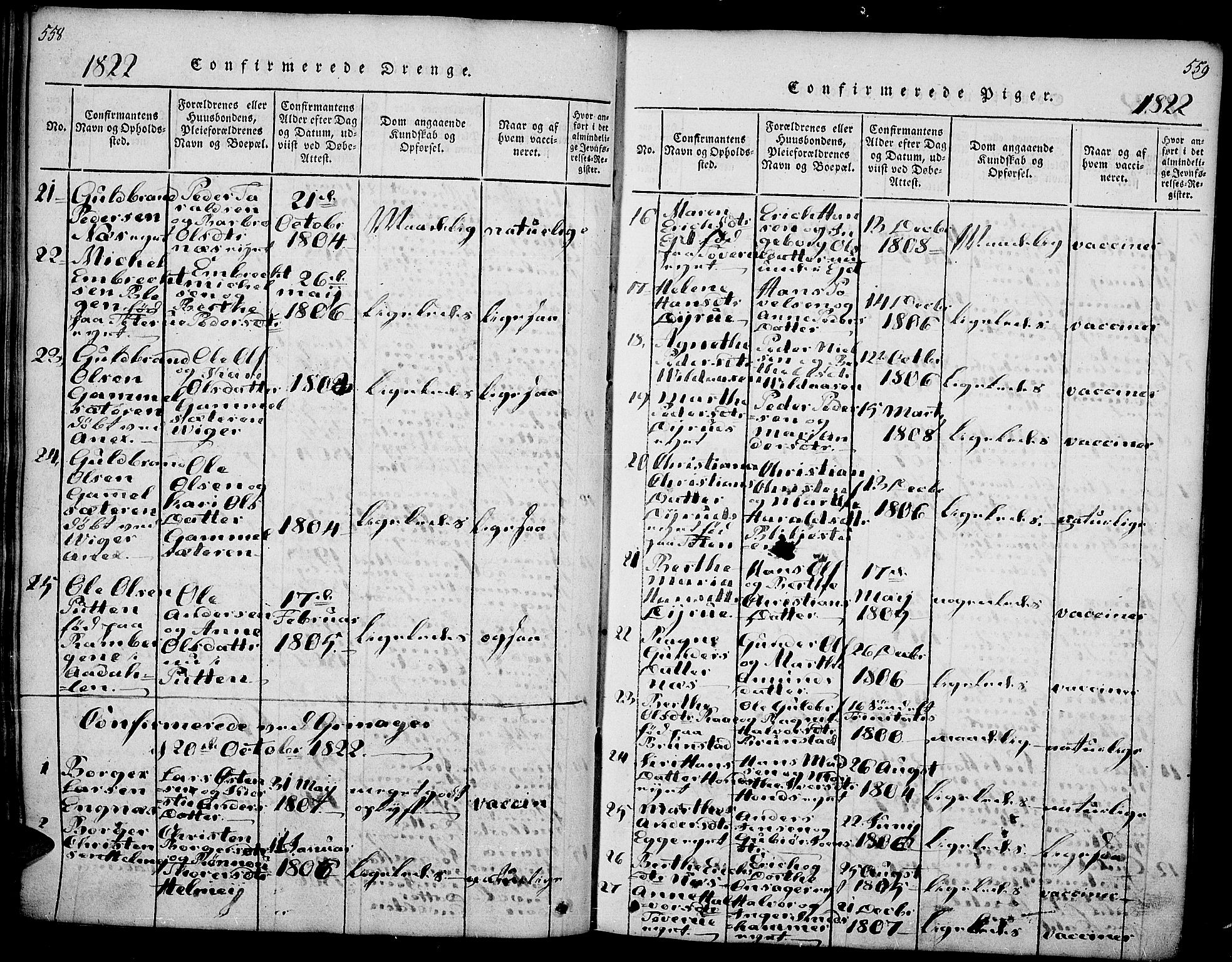 Gran prestekontor, SAH/PREST-112/H/Ha/Haa/L0009: Parish register (official) no. 9, 1815-1824, p. 558-559