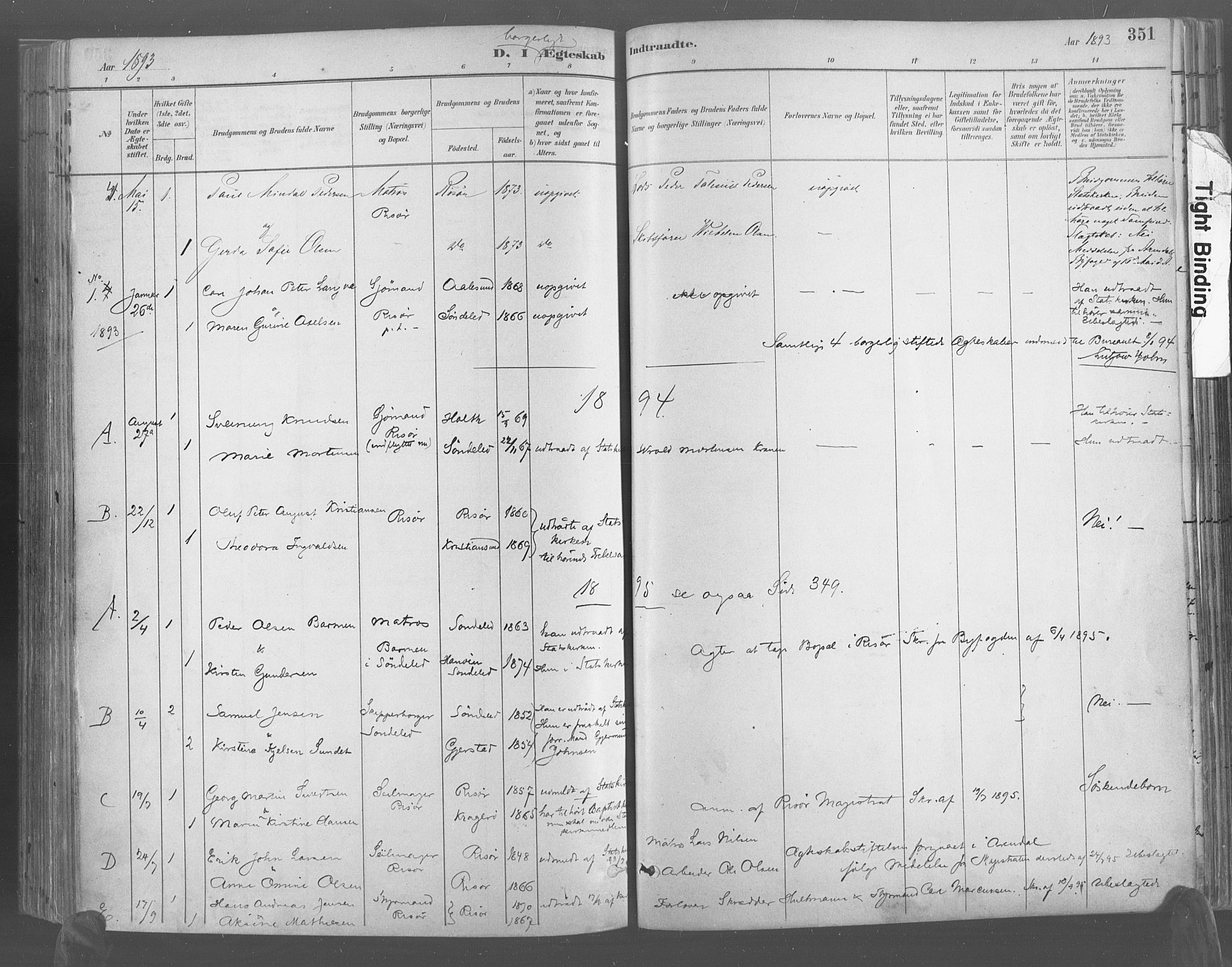 Risør sokneprestkontor, AV/SAK-1111-0035/F/Fa/L0005: Parish register (official) no. A 5, 1883-1895, p. 351