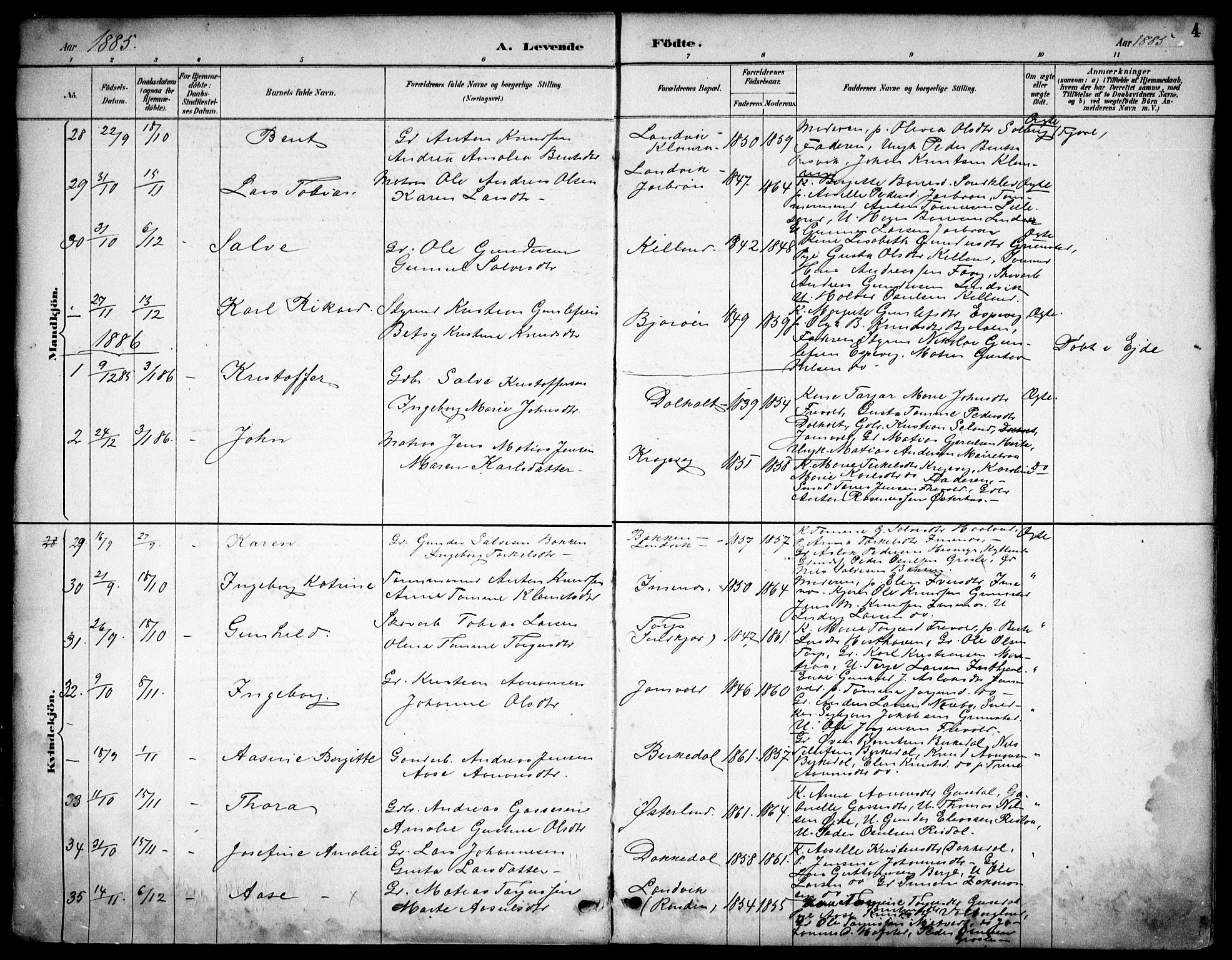 Hommedal sokneprestkontor, AV/SAK-1111-0023/F/Fb/Fbb/L0007: Parish register (copy) no. B 7, 1885-1904, p. 4