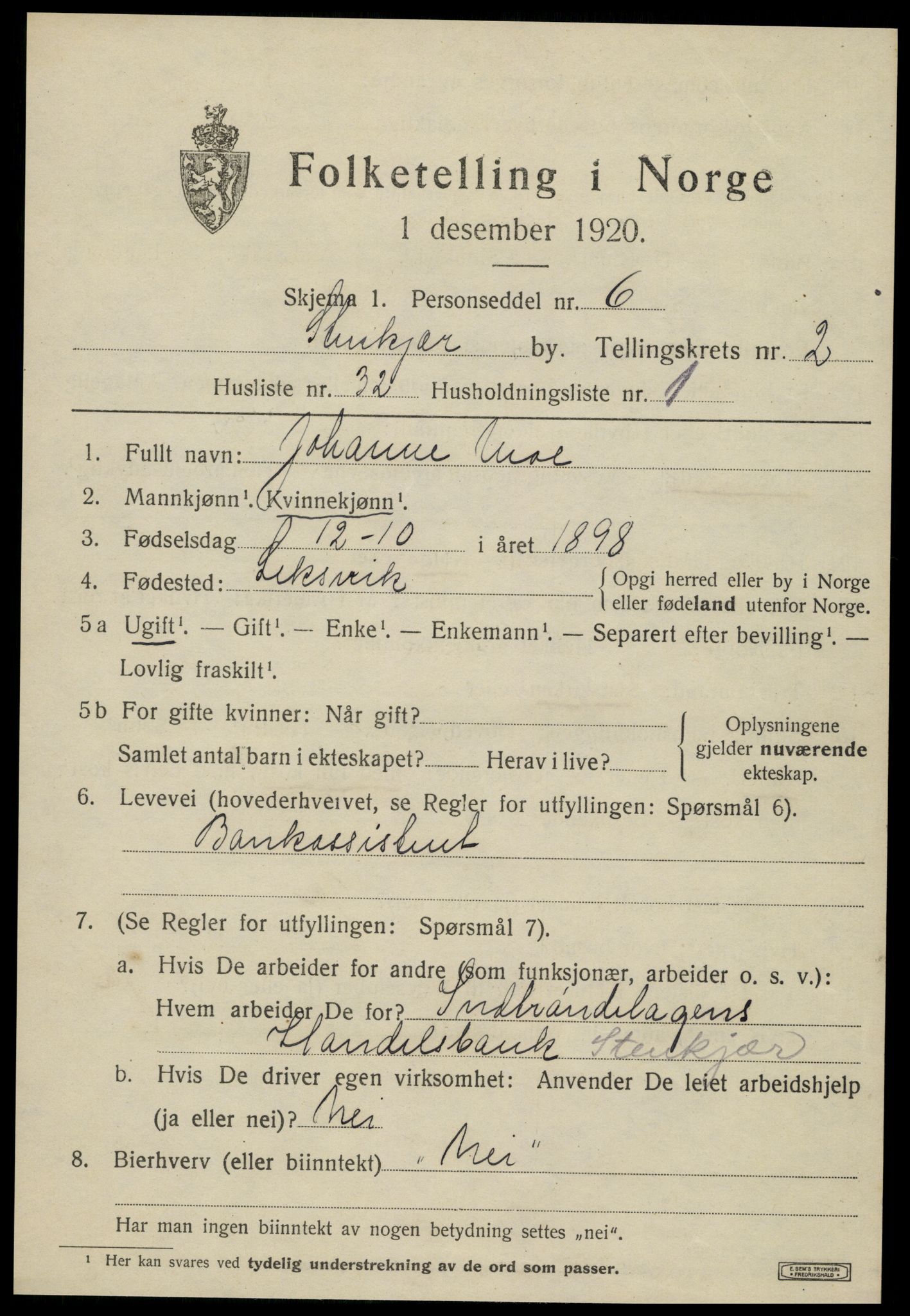 SAT, 1920 census for Steinkjer, 1920, p. 4862