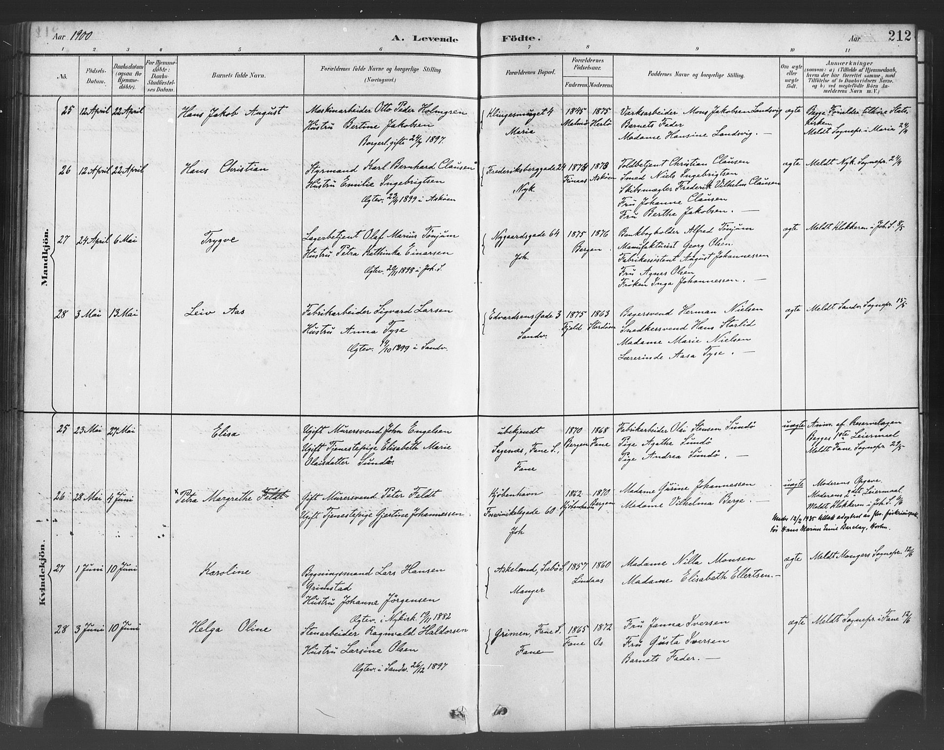 Fødselsstiftelsens sokneprestembete*, SAB/-: Parish register (official) no. A 2, 1884-1900, p. 212