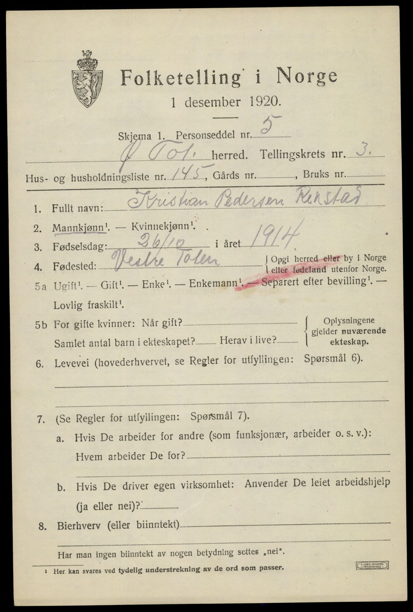 SAH, 1920 census for Østre Toten, 1920, p. 7628