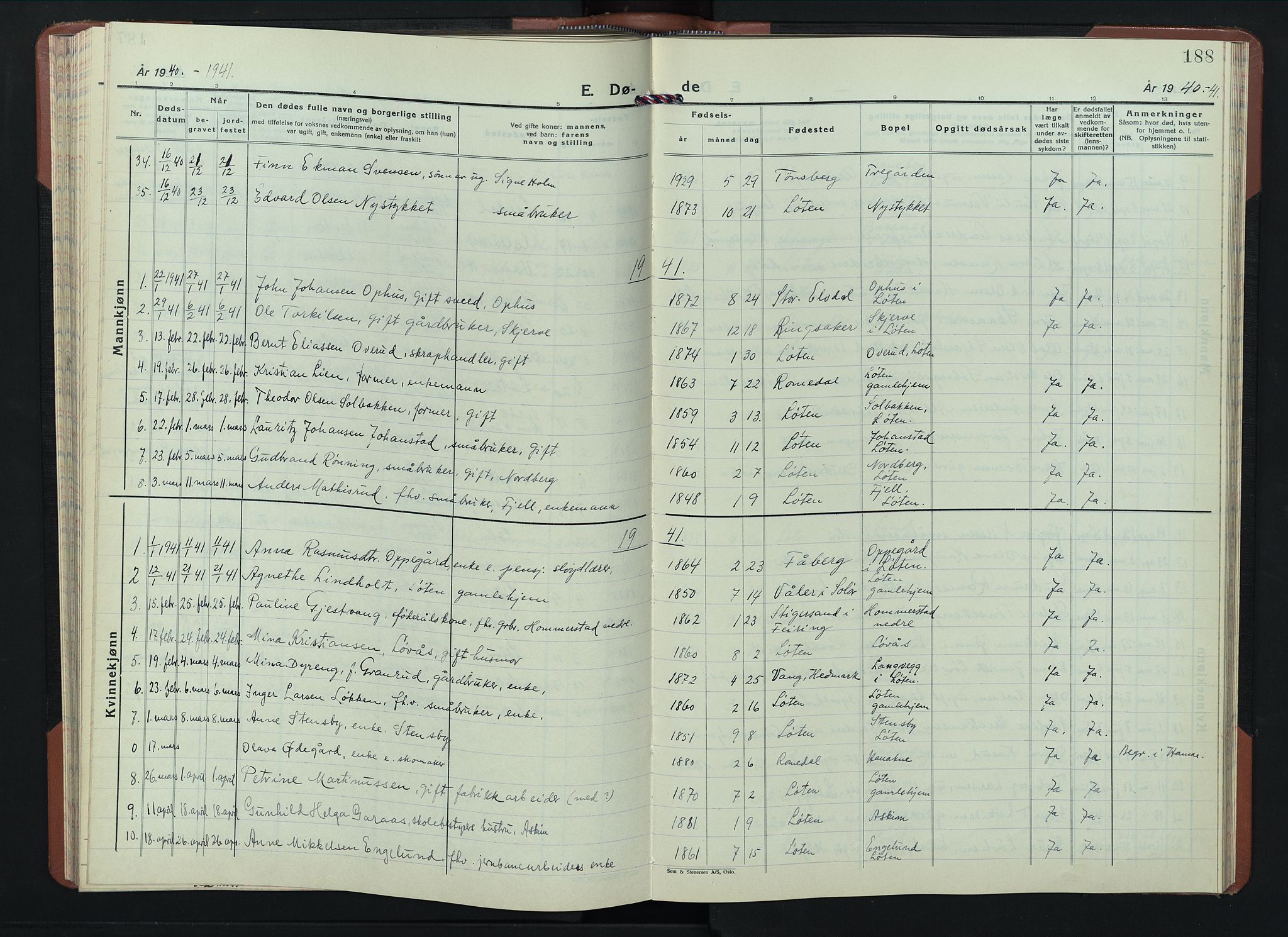 Løten prestekontor, SAH/PREST-022/L/La/L0010: Parish register (copy) no. 10, 1940-1945, p. 188