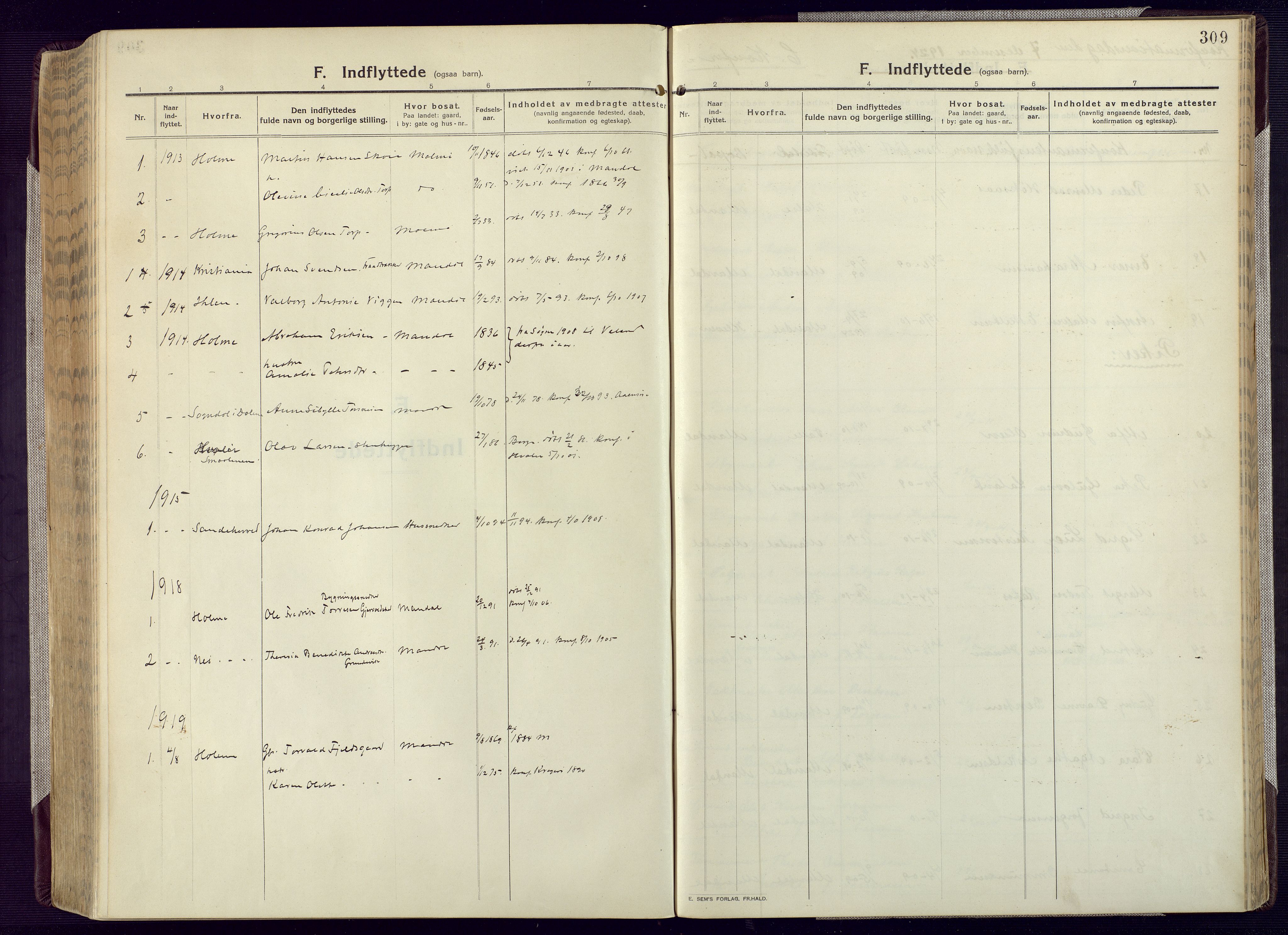 Mandal sokneprestkontor, SAK/1111-0030/F/Fa/Fac/L0001: Parish register (official) no. A 1, 1913-1925, p. 309