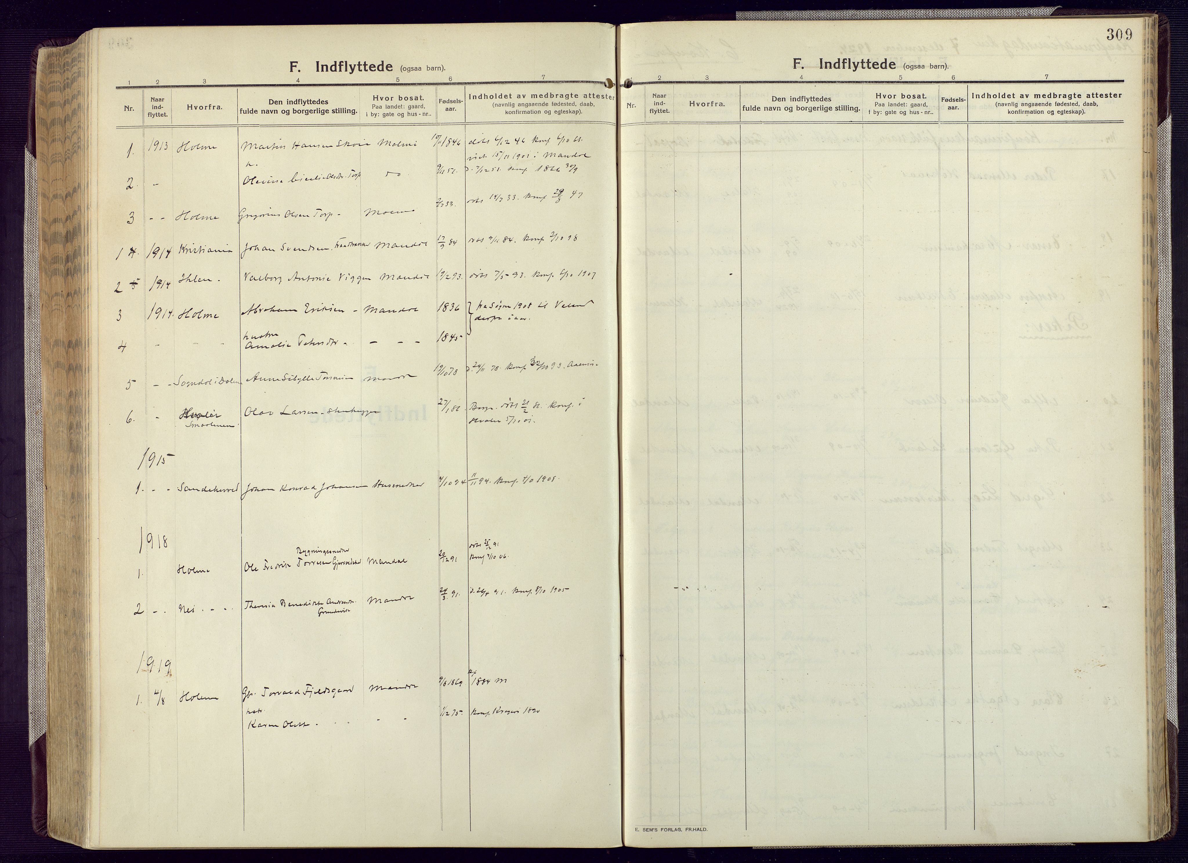 Mandal sokneprestkontor, AV/SAK-1111-0030/F/Fa/Fac/L0001: Parish register (official) no. A 1, 1913-1925, p. 309