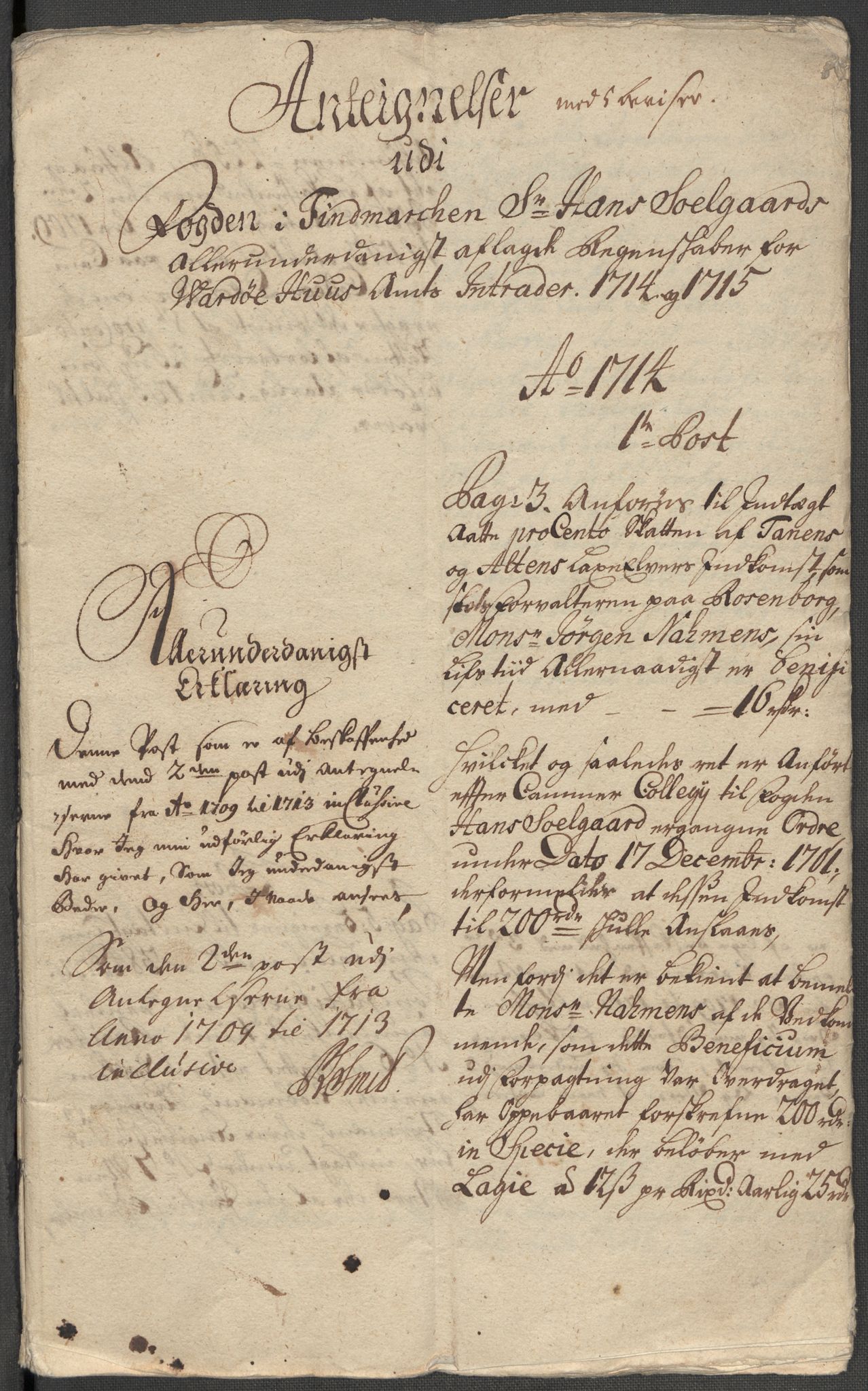 Rentekammeret inntil 1814, Reviderte regnskaper, Fogderegnskap, RA/EA-4092/R69/L4856: Fogderegnskap Finnmark/Vardøhus, 1713-1715, p. 650