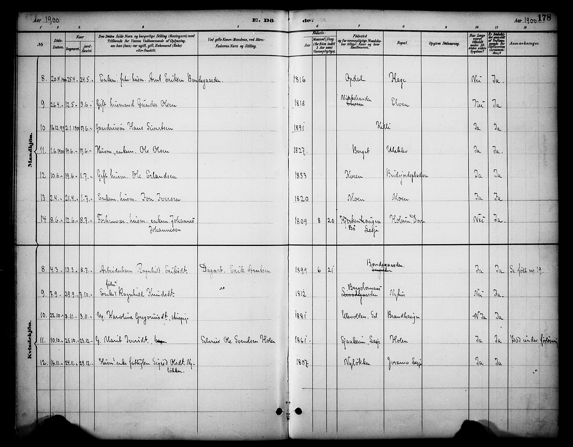 Dovre prestekontor, AV/SAH-PREST-066/H/Ha/Haa/L0003: Parish register (official) no. 3, 1891-1901, p. 178