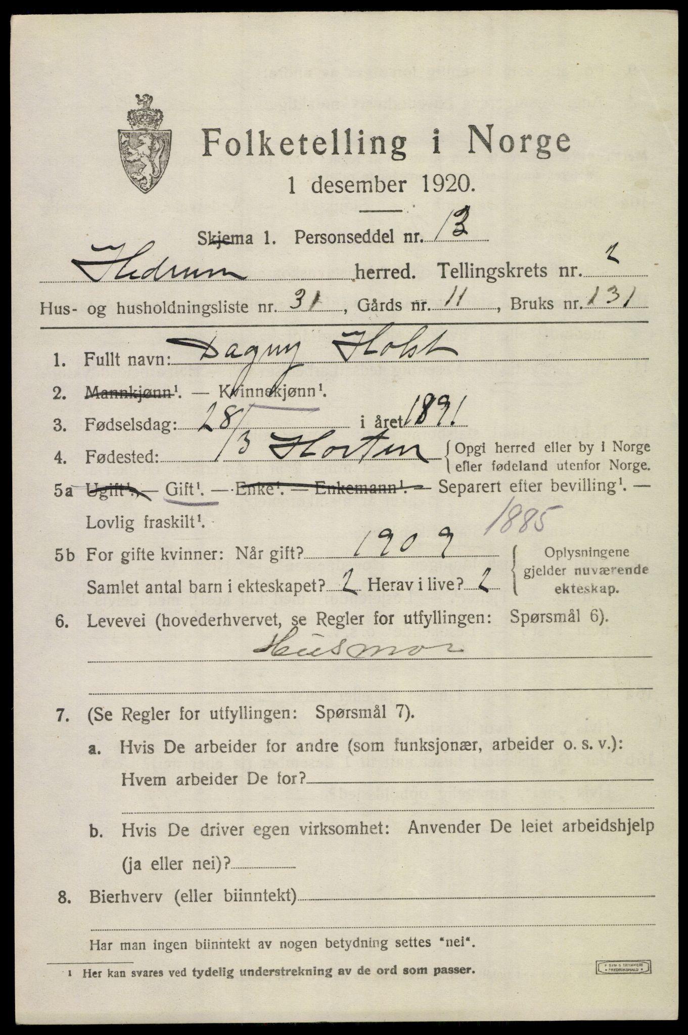 SAKO, 1920 census for Hedrum, 1920, p. 2825