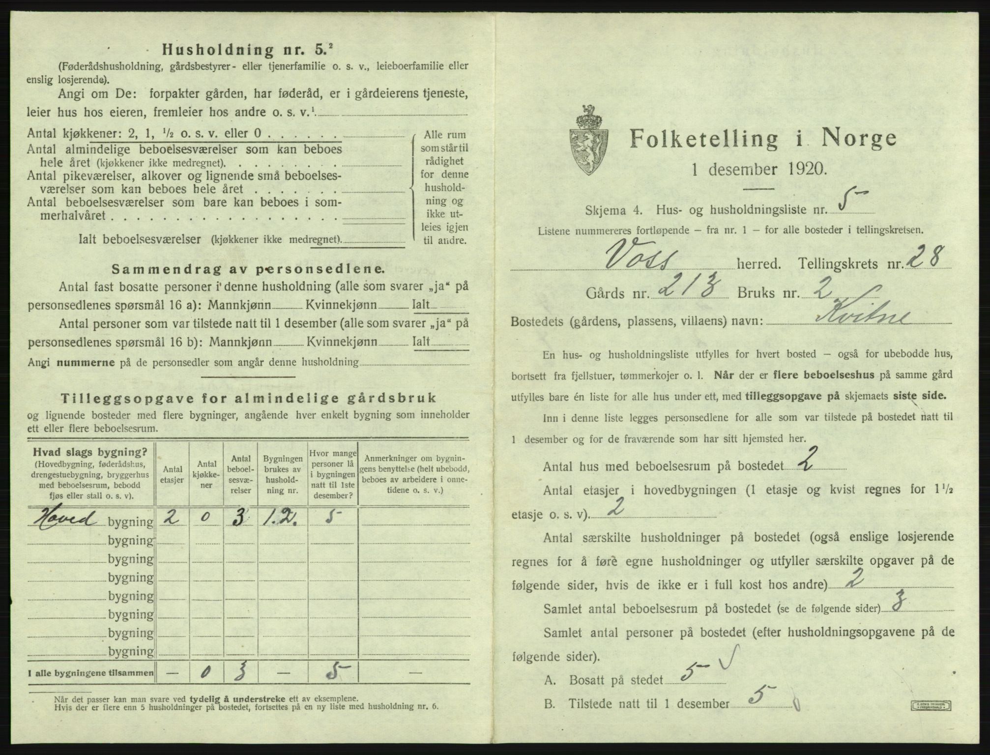 SAB, 1920 census for Voss, 1920, p. 2513