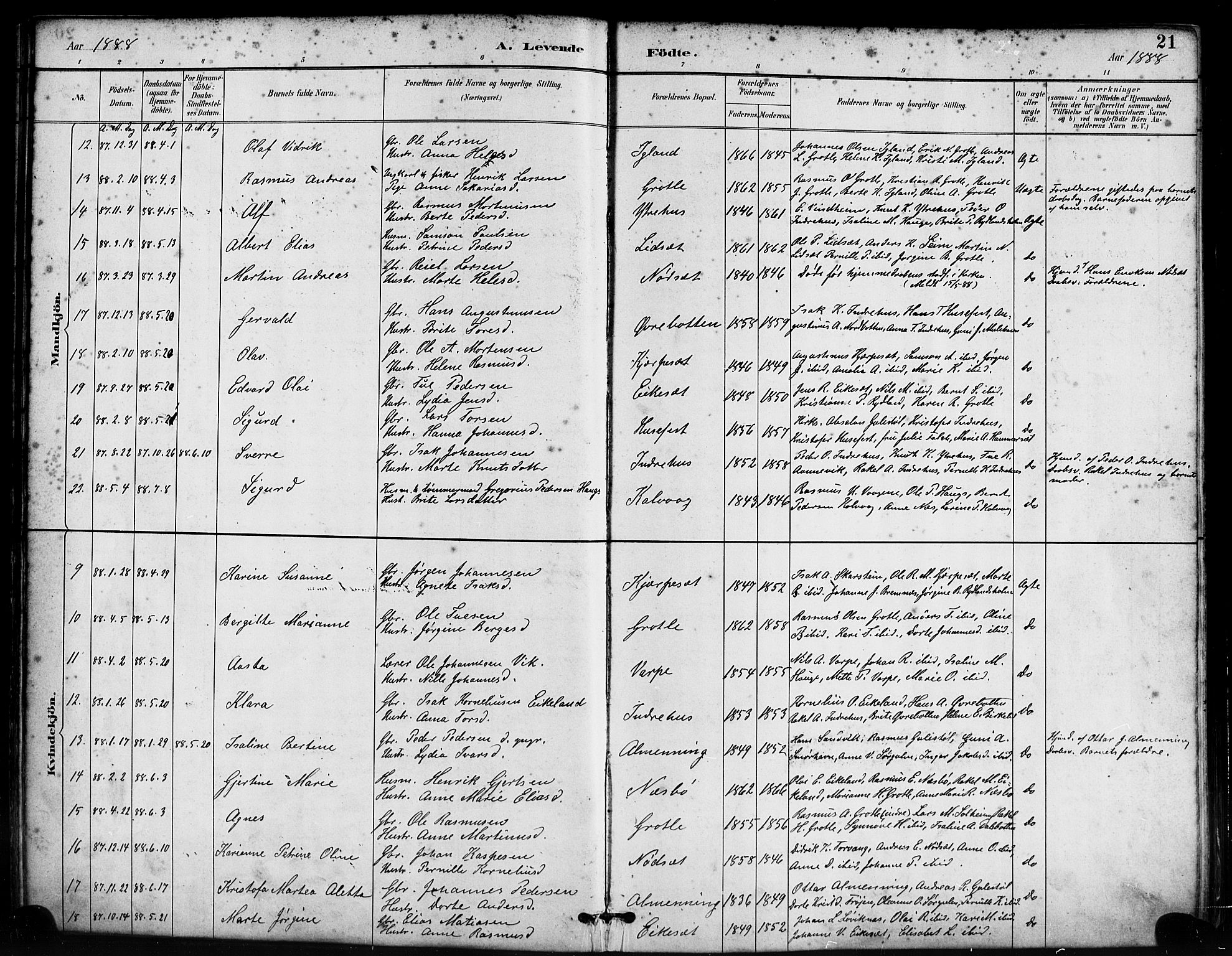 Bremanger sokneprestembete, SAB/A-82201/H/Haa/Haab/L0001: Parish register (official) no. B 1, 1884-1895, p. 21
