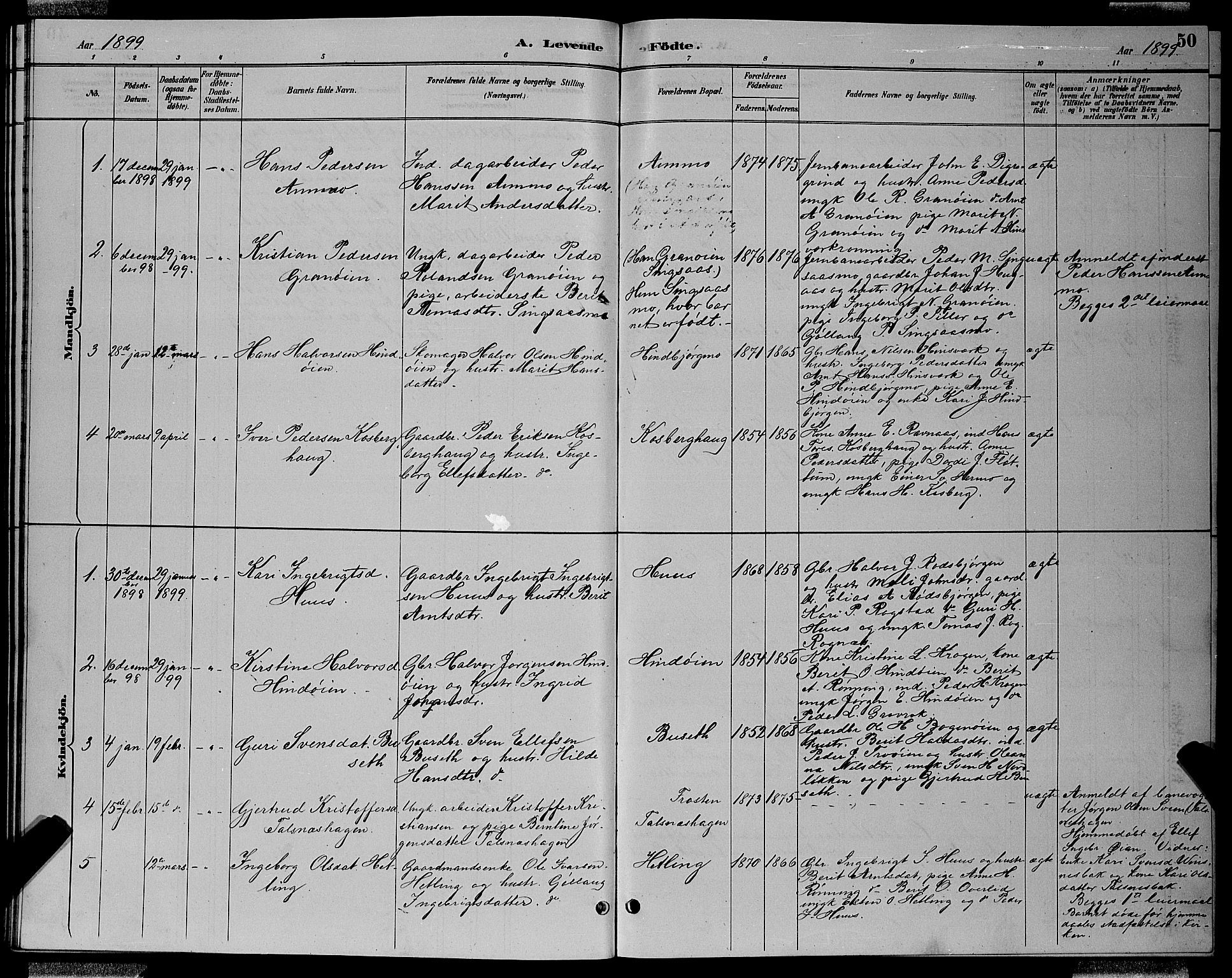 Ministerialprotokoller, klokkerbøker og fødselsregistre - Sør-Trøndelag, SAT/A-1456/688/L1028: Parish register (copy) no. 688C03, 1889-1899, p. 50