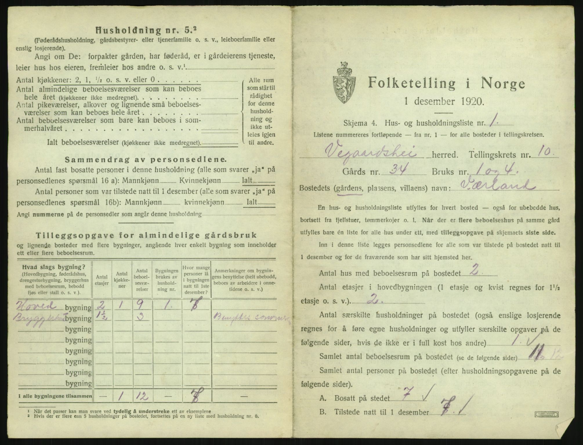 SAK, 1920 census for Vegårshei, 1920, p. 510