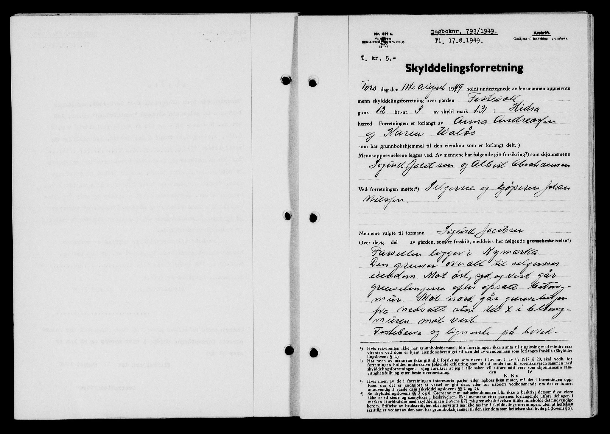Flekkefjord sorenskriveri, SAK/1221-0001/G/Gb/Gba/L0065: Mortgage book no. A-13, 1949-1949, Diary no: : 793/1949
