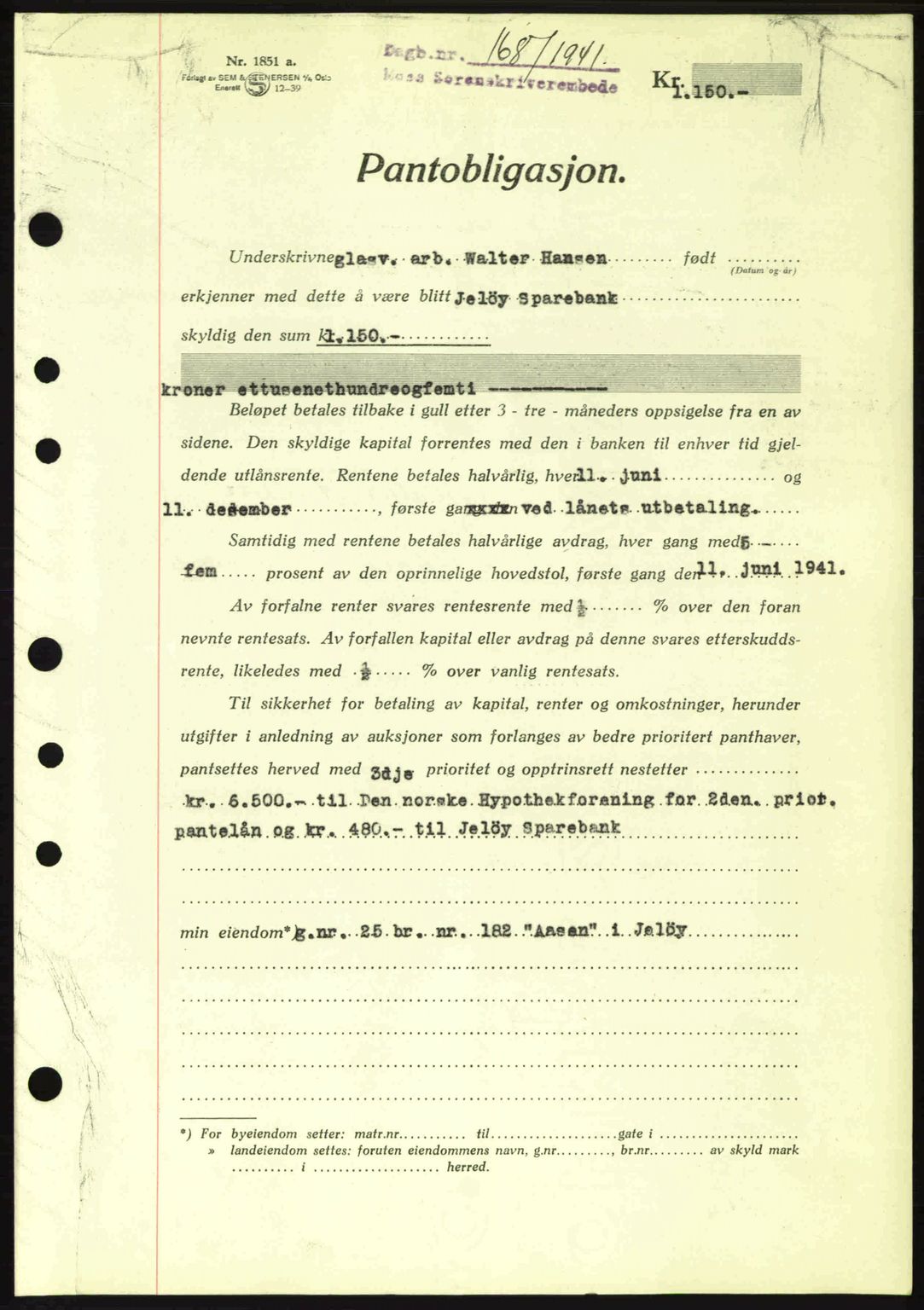 Moss sorenskriveri, SAO/A-10168: Mortgage book no. B10, 1940-1941, Diary no: : 168/1941