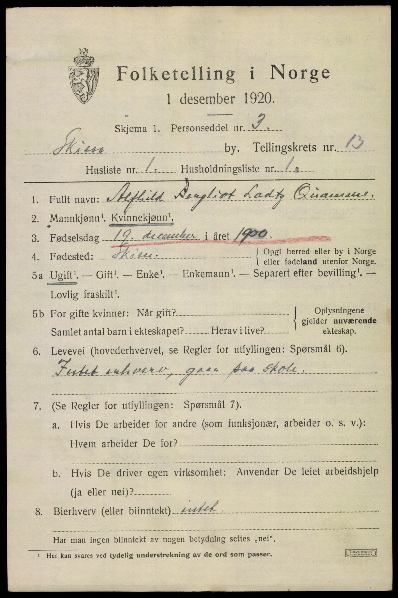 SAKO, 1920 census for Skien, 1920, p. 39484