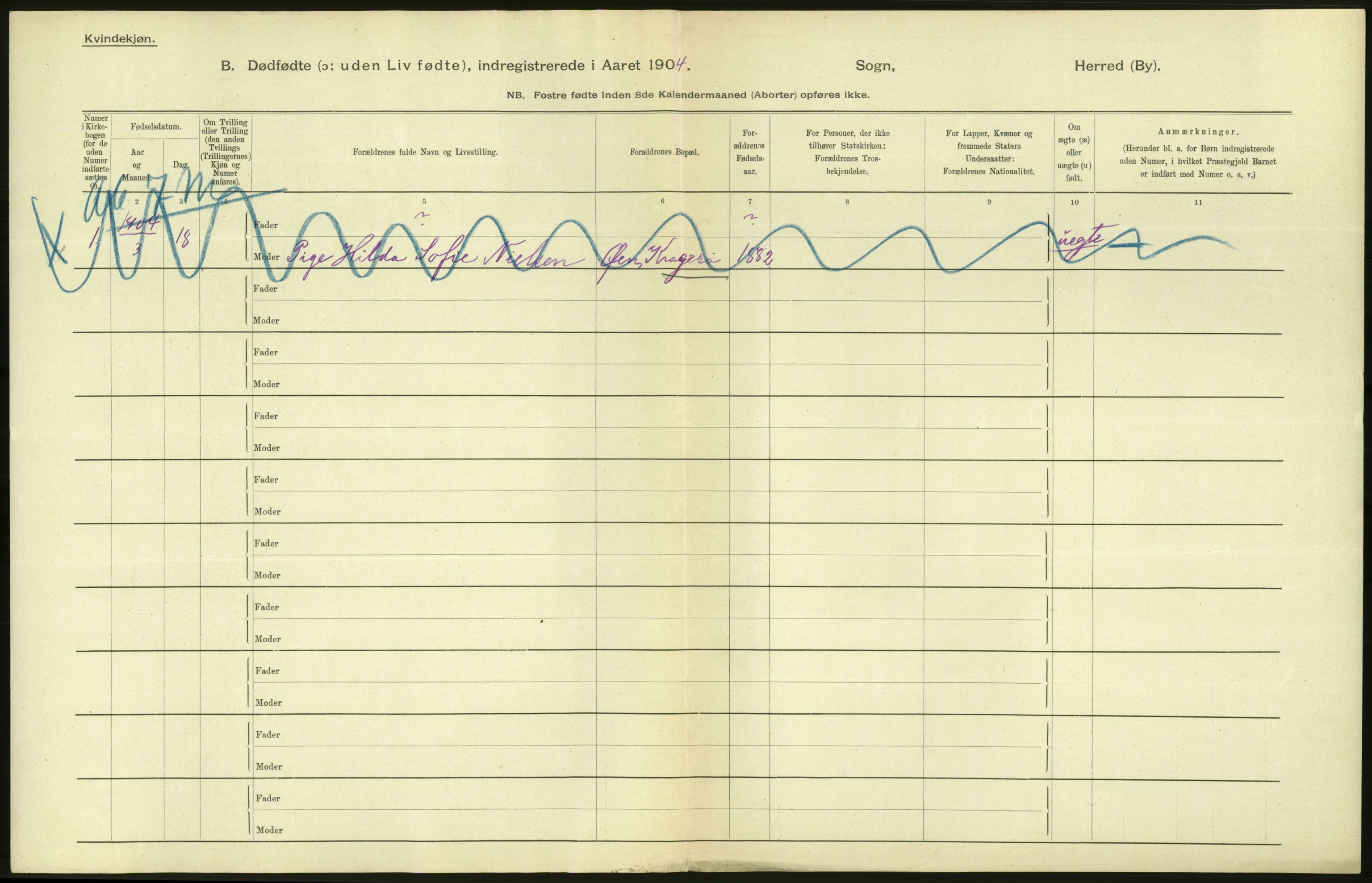 Statistisk sentralbyrå, Sosiodemografiske emner, Befolkning, AV/RA-S-2228/D/Df/Dfa/Dfab/L0027: Smålenes amt - Finnmarkens amt: Dødfødte. Byer, 1904, p. 134