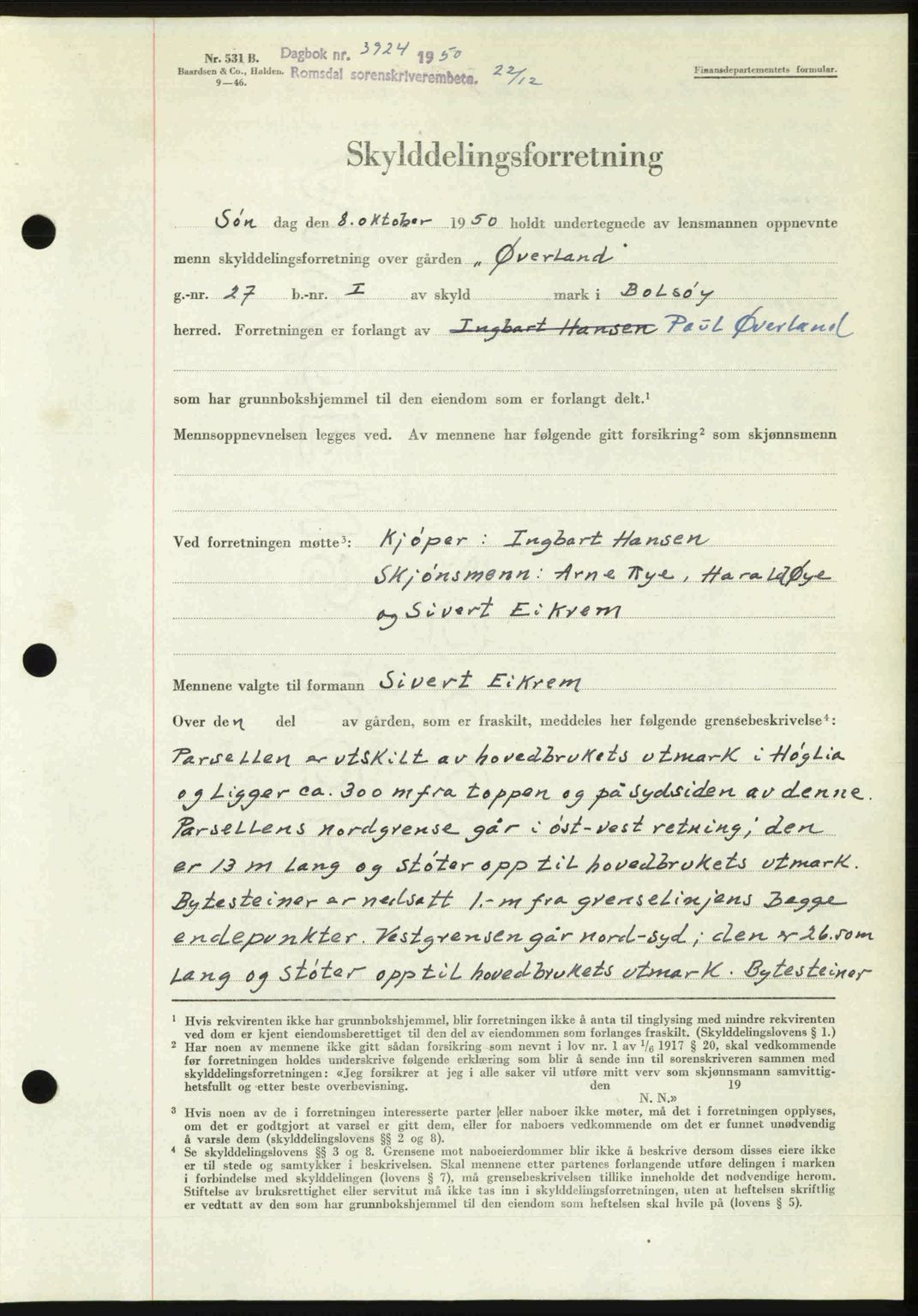 Romsdal sorenskriveri, AV/SAT-A-4149/1/2/2C: Mortgage book no. A35, 1950-1950, Diary no: : 3924/1950