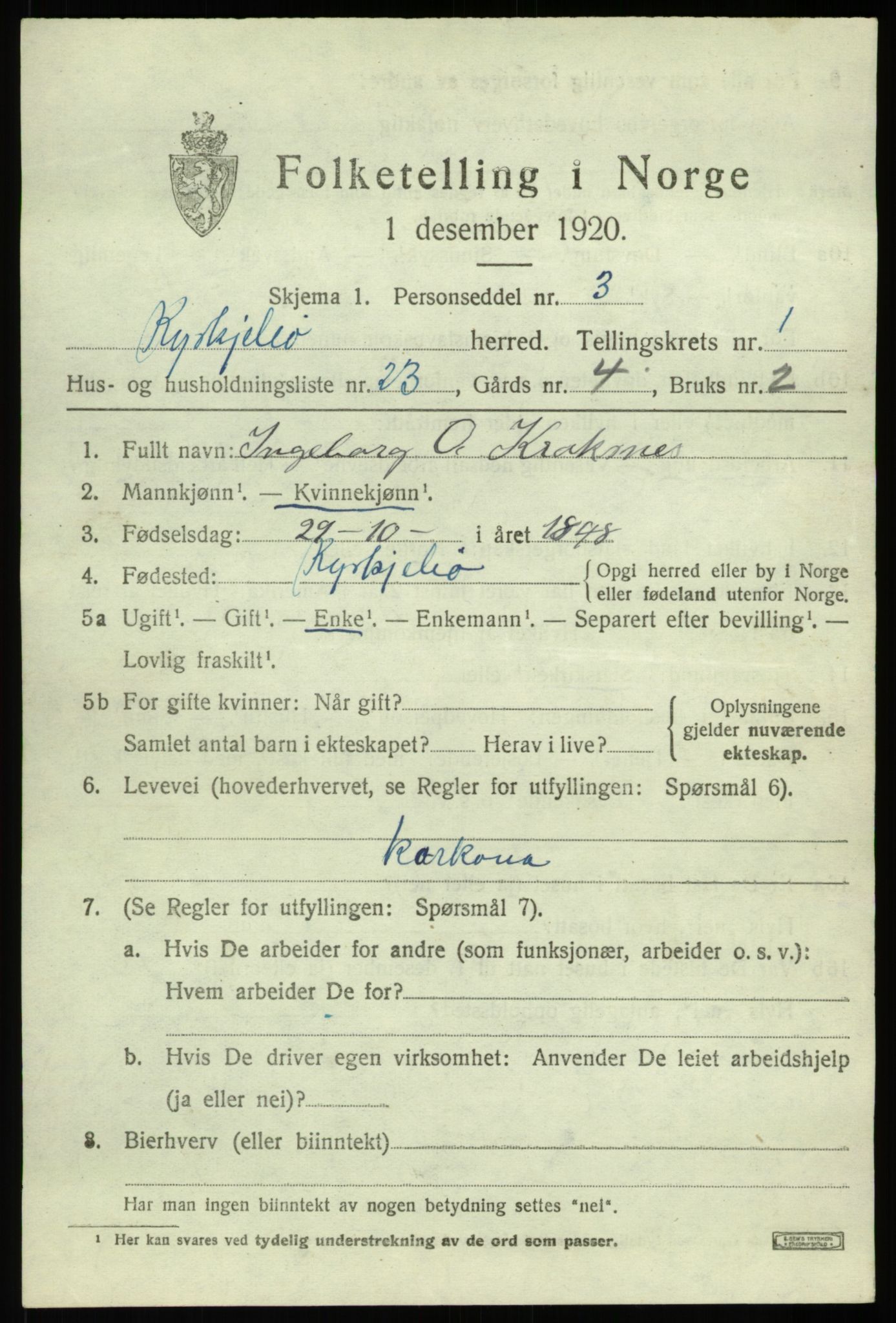 SAB, 1920 census for Kyrkjebø, 1920, p. 1003