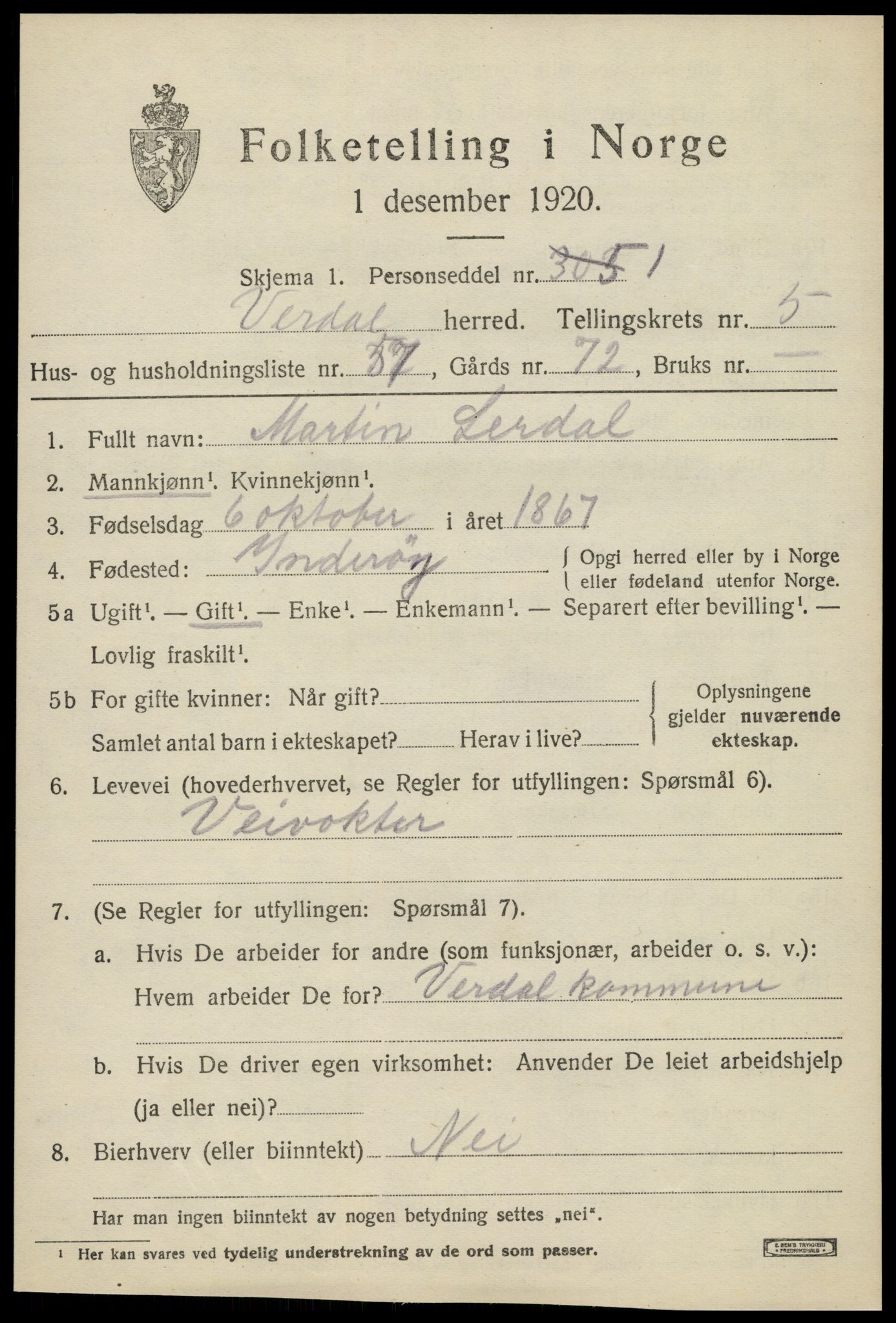 SAT, 1920 census for Verdal, 1920, p. 9177