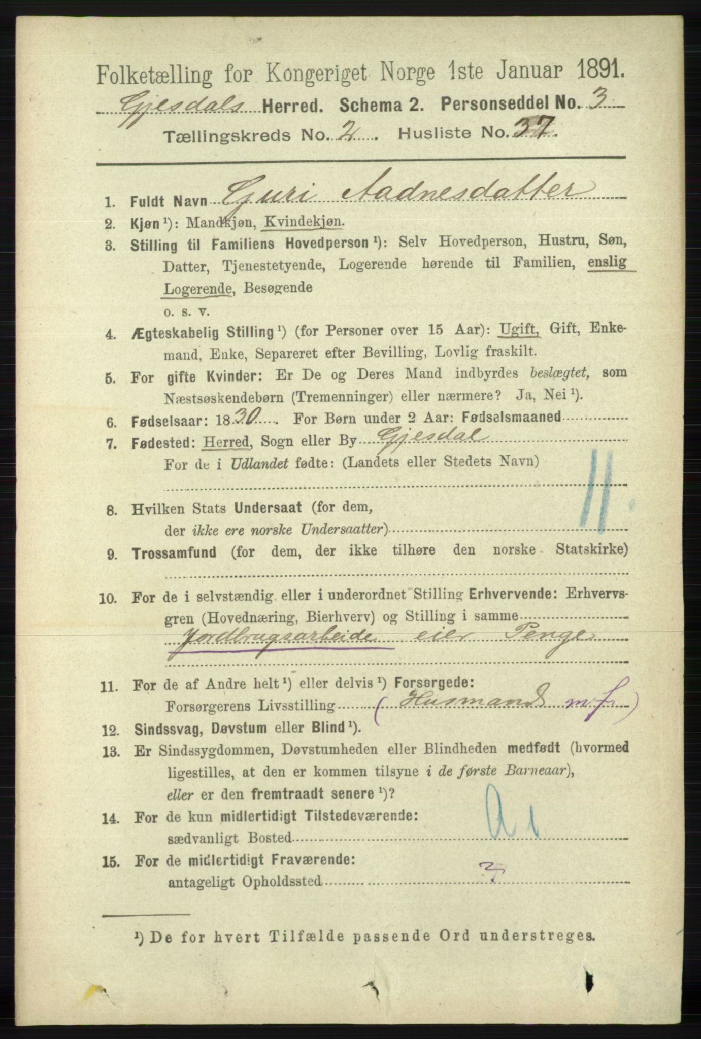 RA, 1891 census for 1122 Gjesdal, 1891, p. 681