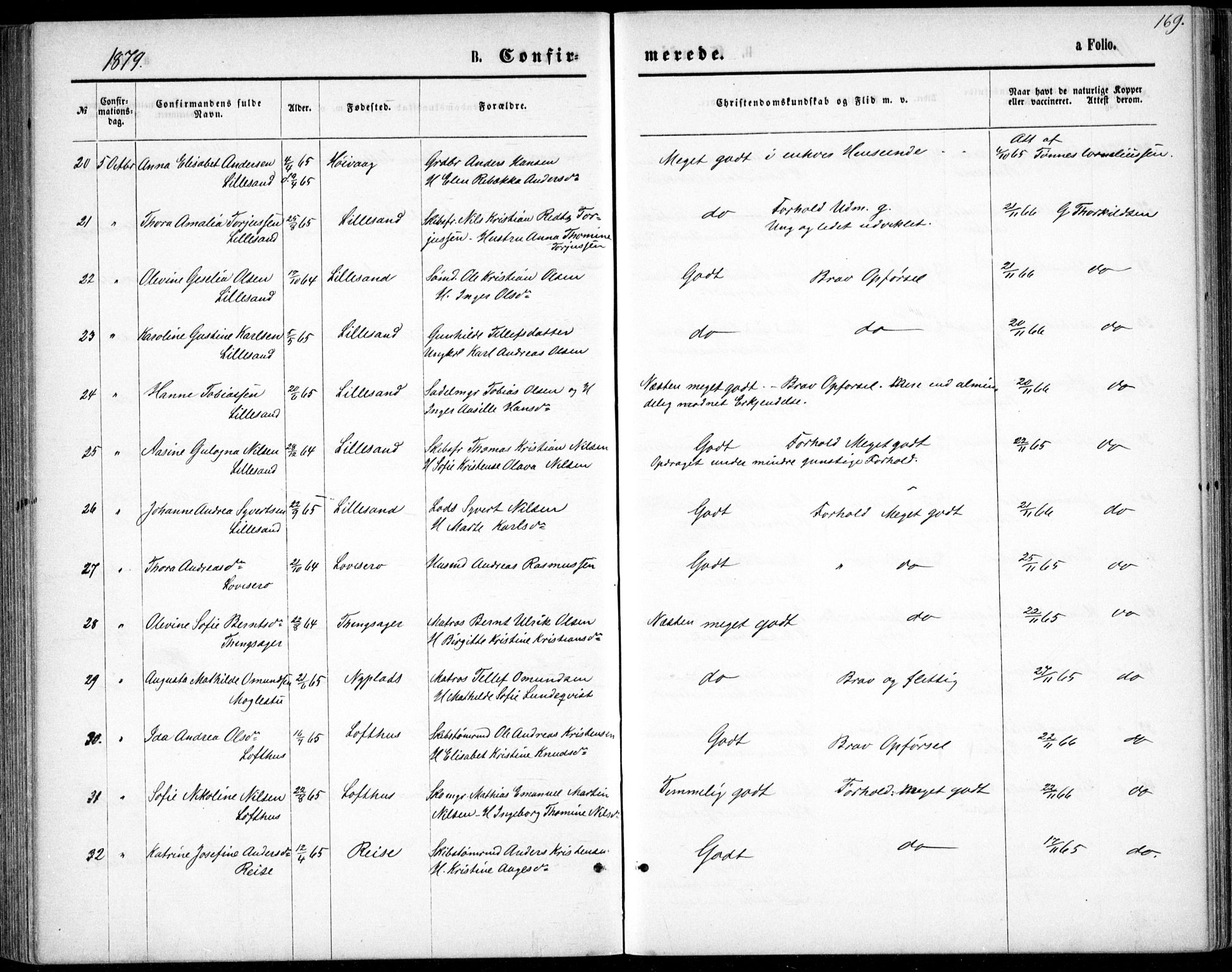 Vestre Moland sokneprestkontor, AV/SAK-1111-0046/F/Fb/Fbb/L0005: Parish register (copy) no. B 5, 1872-1883, p. 169