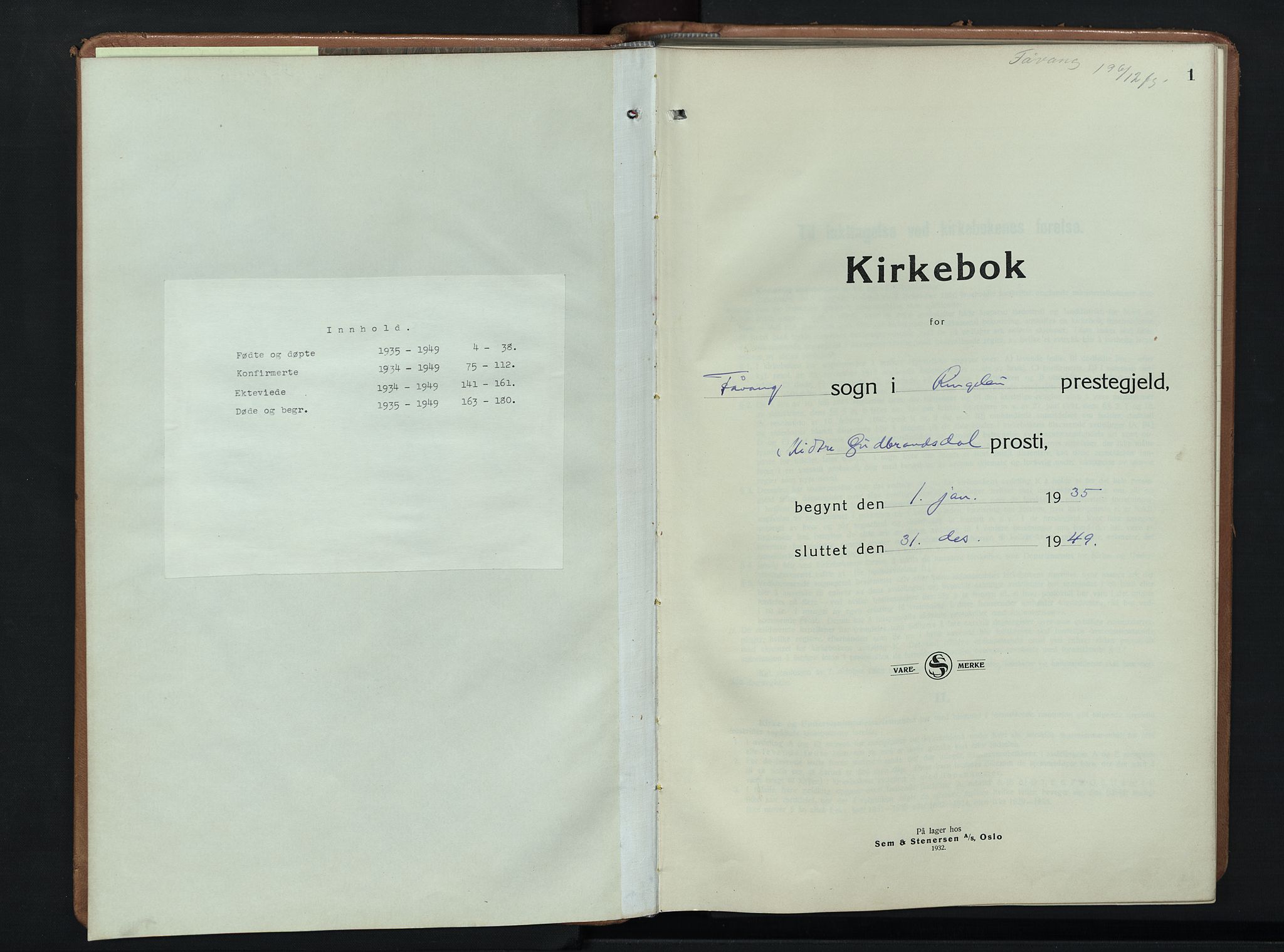Ringebu prestekontor, SAH/PREST-082/H/Ha/Hab/L0012: Parish register (copy) no. 12, 1934-1949, p. 1