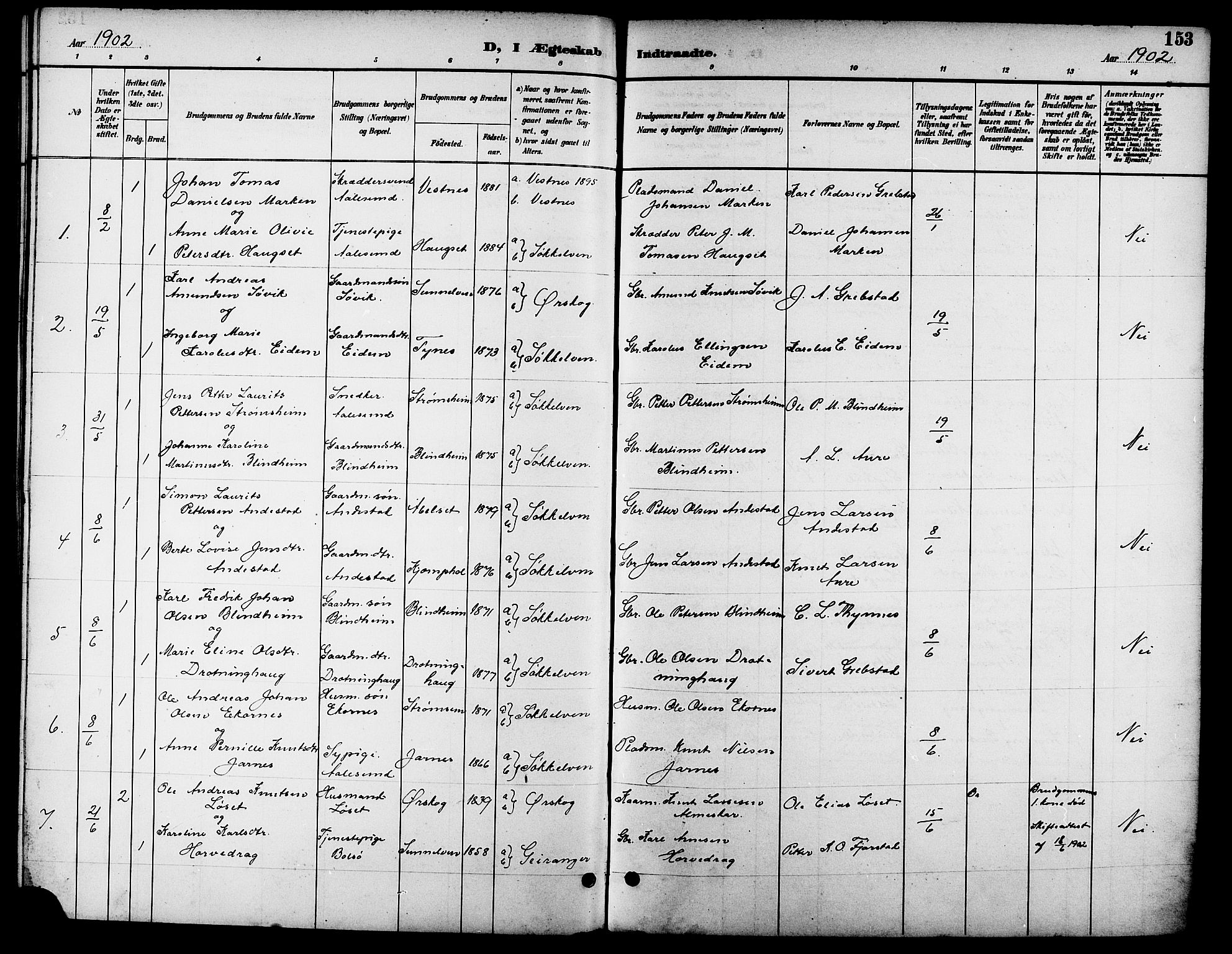 Ministerialprotokoller, klokkerbøker og fødselsregistre - Møre og Romsdal, AV/SAT-A-1454/523/L0340: Parish register (copy) no. 523C03, 1892-1902, p. 153