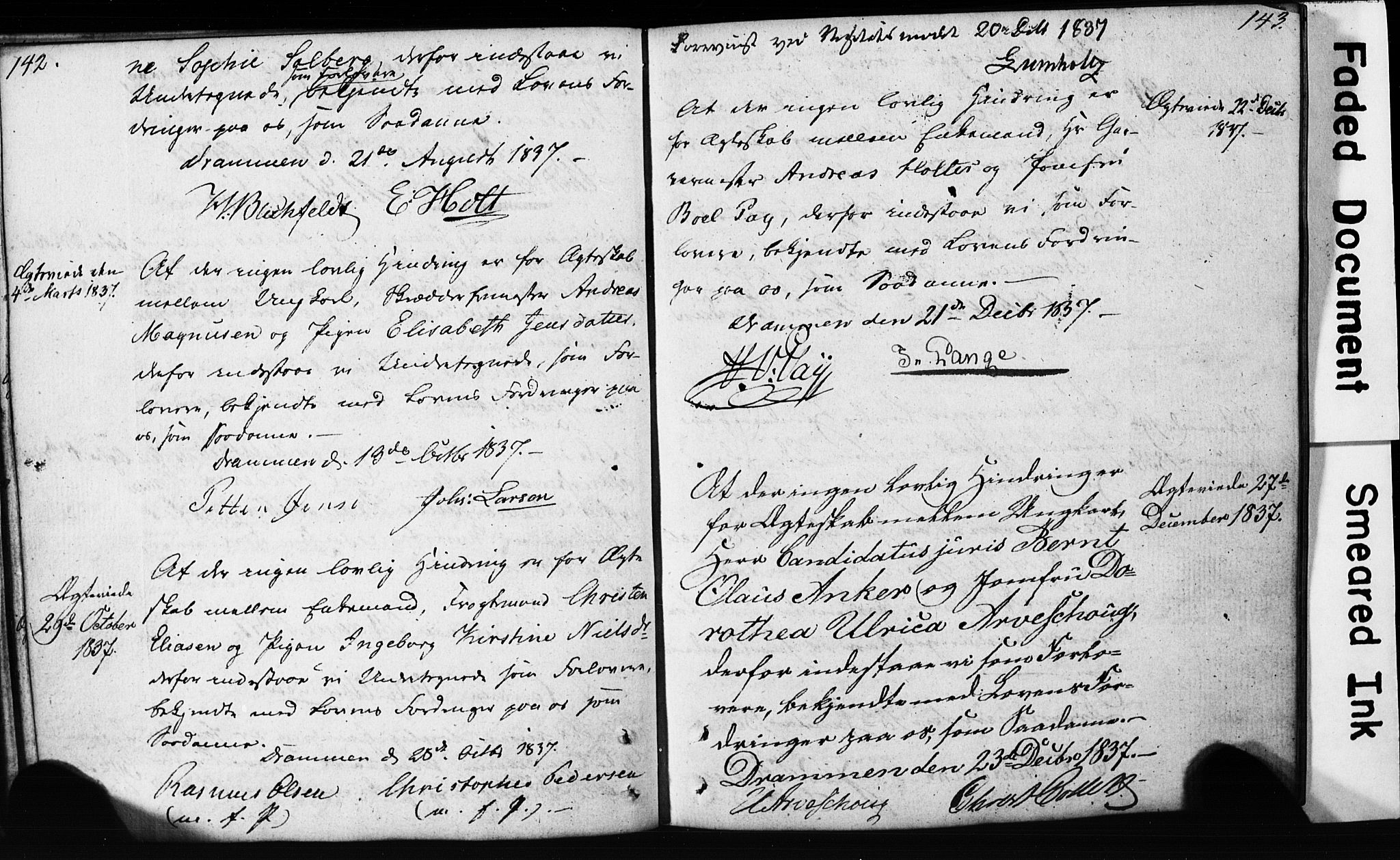 Strømsø kirkebøker, AV/SAKO-A-246/H/Hb/L0002: Best man's statements no. 2, 1815-1857, p. 142-143