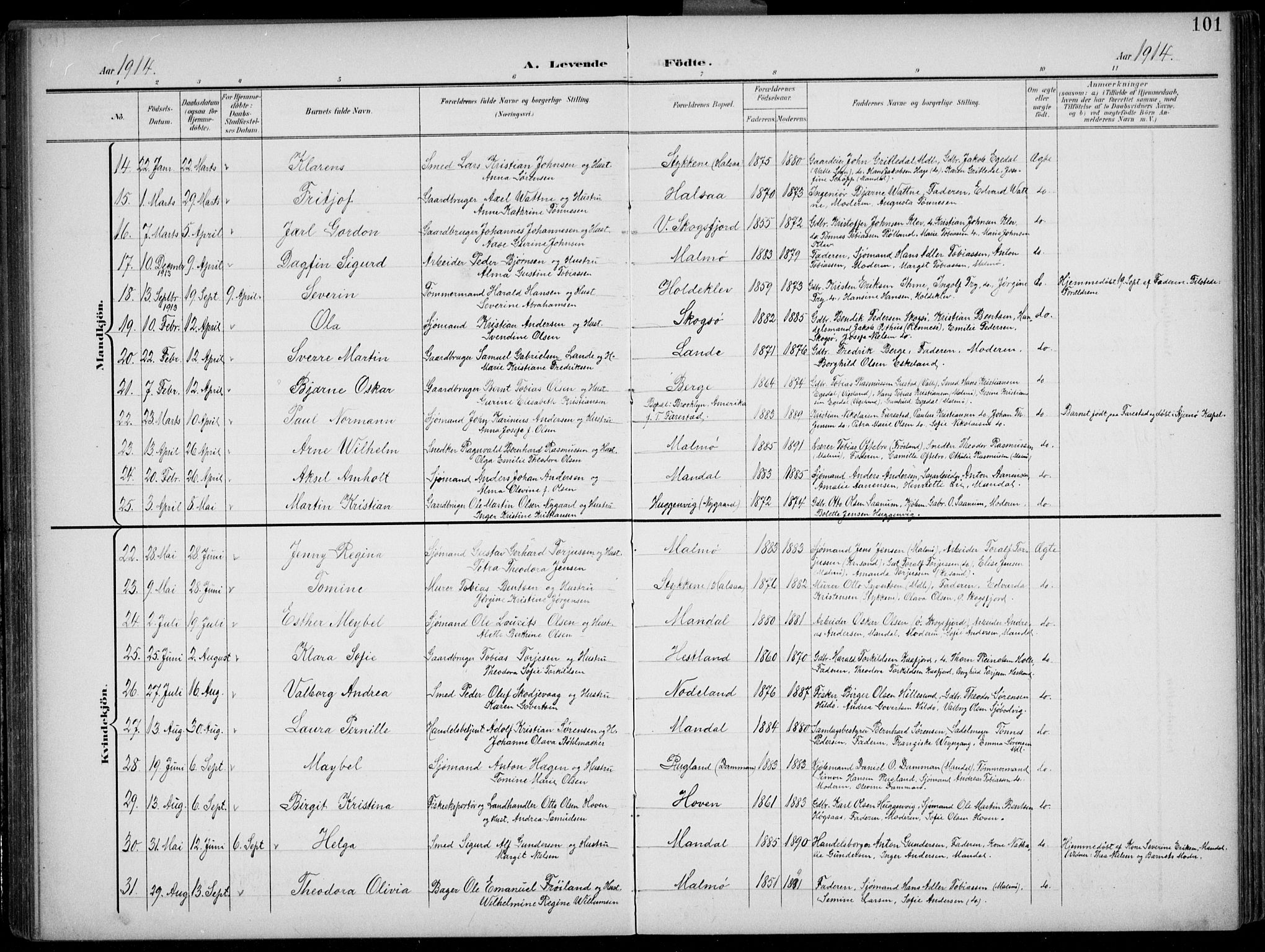 Mandal sokneprestkontor, AV/SAK-1111-0030/F/Fb/Fba/L0012: Parish register (copy) no. B 6, 1899-1918, p. 101