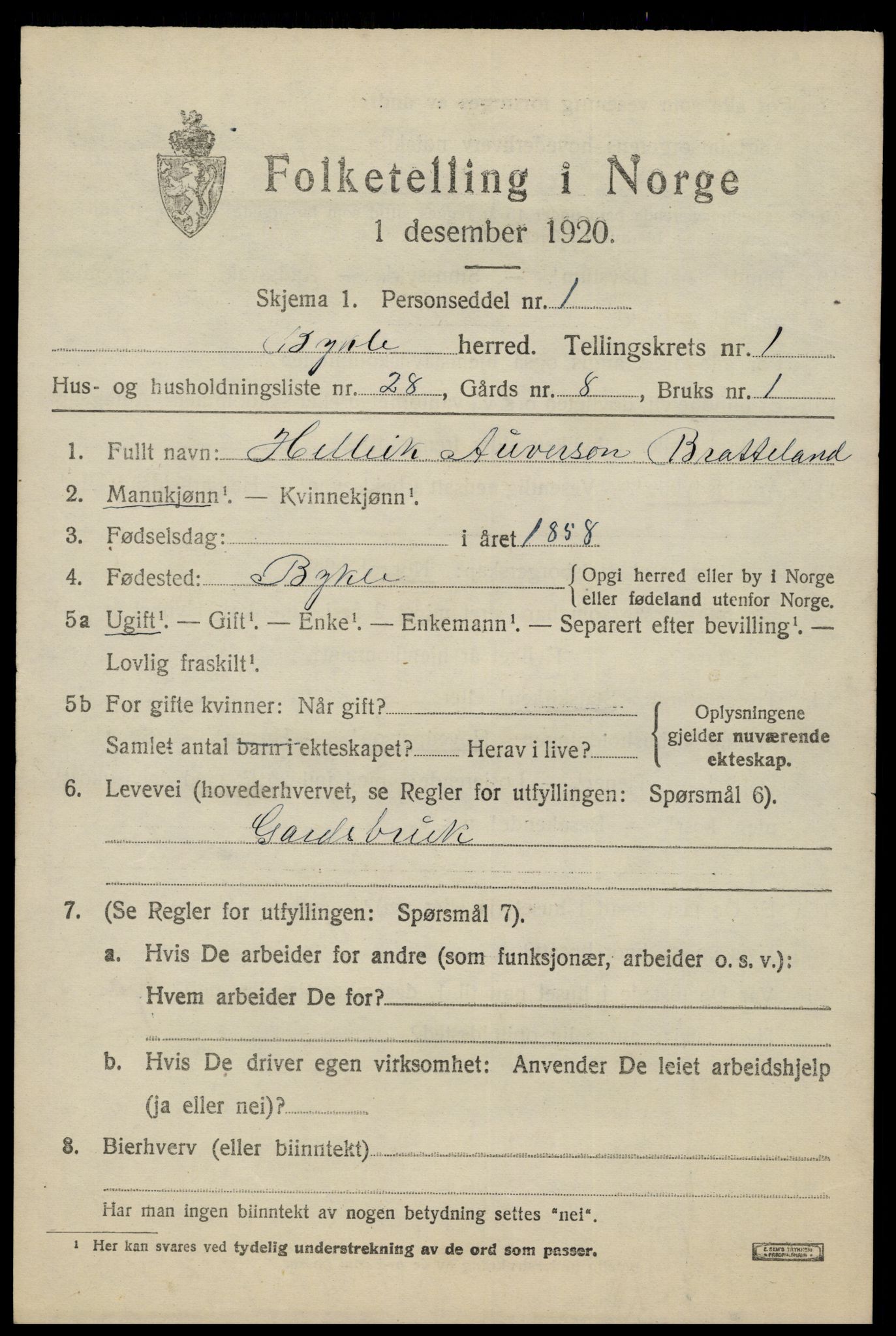 SAK, 1920 census for Bykle, 1920, p. 559